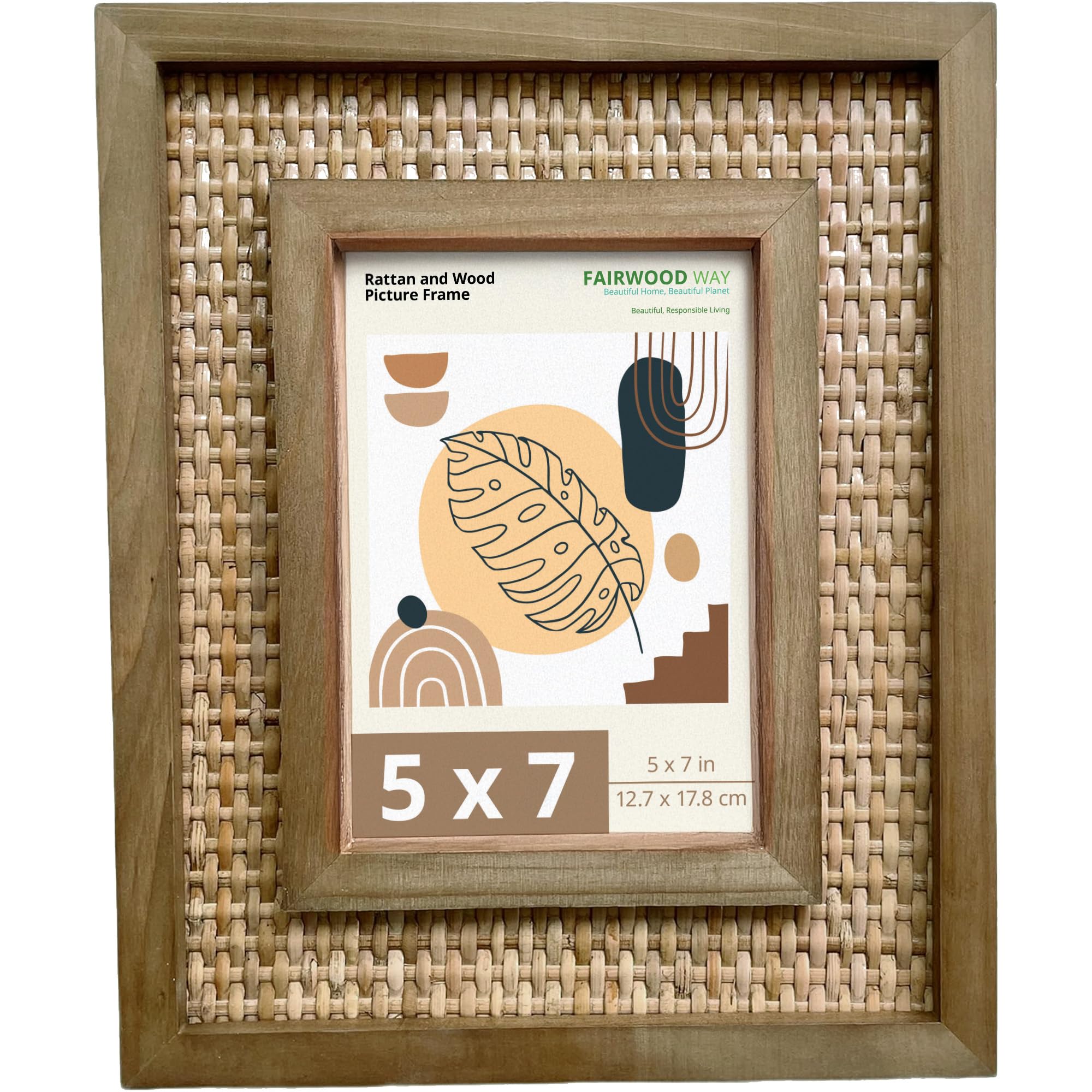 Rattan and Wood Picture Frame for 5x7 Inch Photo or Artwork - Boho, Coastal, or Beach Photo Frame, Wooden Decorative Frames for Natural Modern Tabletop Stand and Wall Mount - Brown