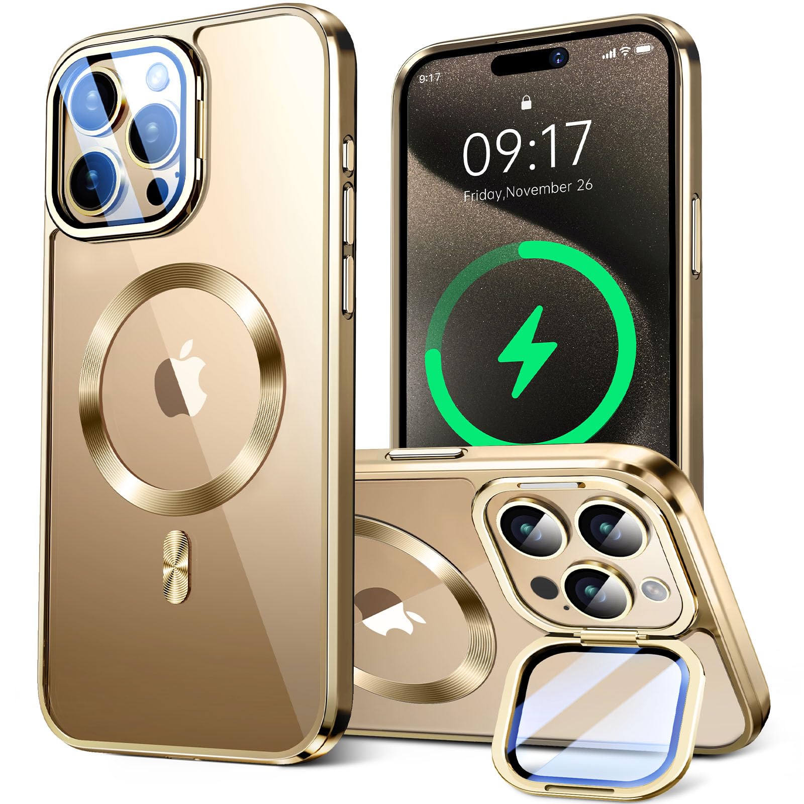 WHWEIYA for iPhone 15 Pro Case Compatible with Magsafe Accessories,Stash Stand 9H Lens Protection,Slim Phone Case Military-Grade Shock Anti Yellowing