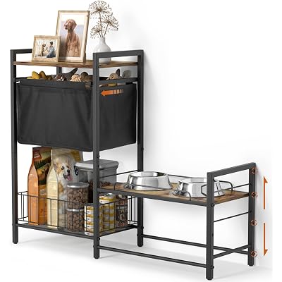 Lomivra Elevated Dog Bowl Stand with Toy Bin Basket, 4 Height Adjustable Raised Feeding Station Cabinet, Lifted Food and Water Bowl Holder, Pet Storage Organizer for Large Medium Small Dogs