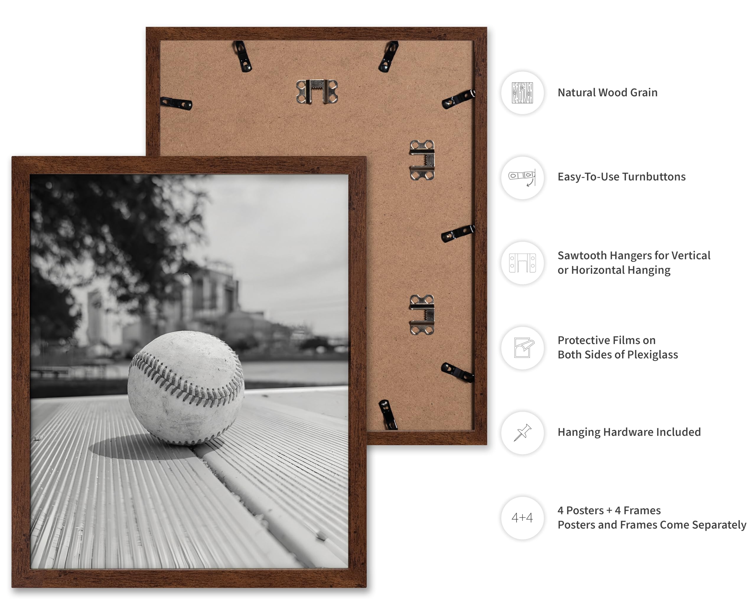 Poster Master 4-Piece Sports Poster - Hard Work Beats Talent Print - Baseball Art - Photography Art - Typography Art - Positive Quote Art - Athlete Art - Gym or Office Decor - 8x10 Brown Framed