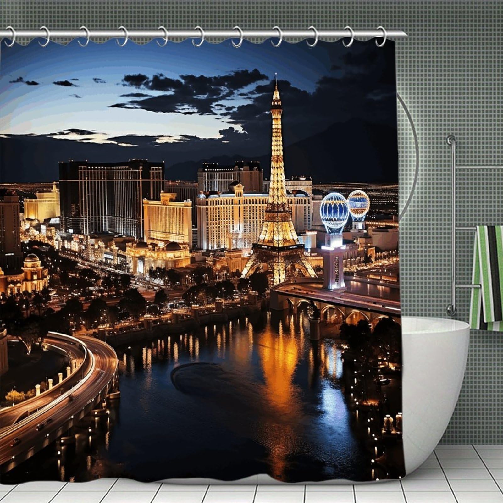 VstaDank Las Vegas Night View Shower Curtain Light-Weight Blackout Bathroom Curtain Washable Shower Liner 71x71 Inch Bath Curtain with Metal Holes Bathtub Bath Room