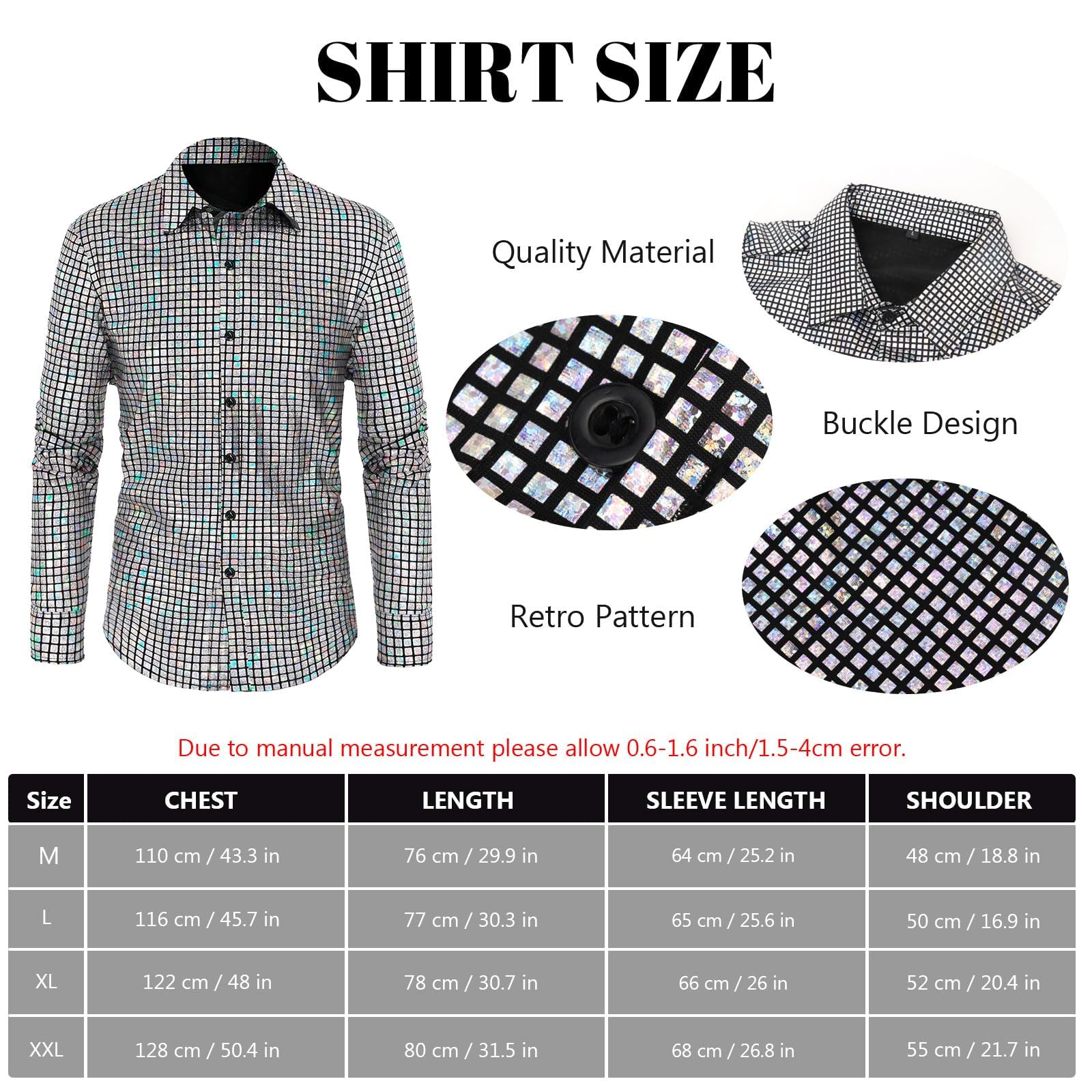 XJGQZ Mens 70s Disco Outfit, 6 Pcs Retro Disco Costume Includes Bell Bottom Pants, Shirts, Wig, Glasses, Necklace - Image 2