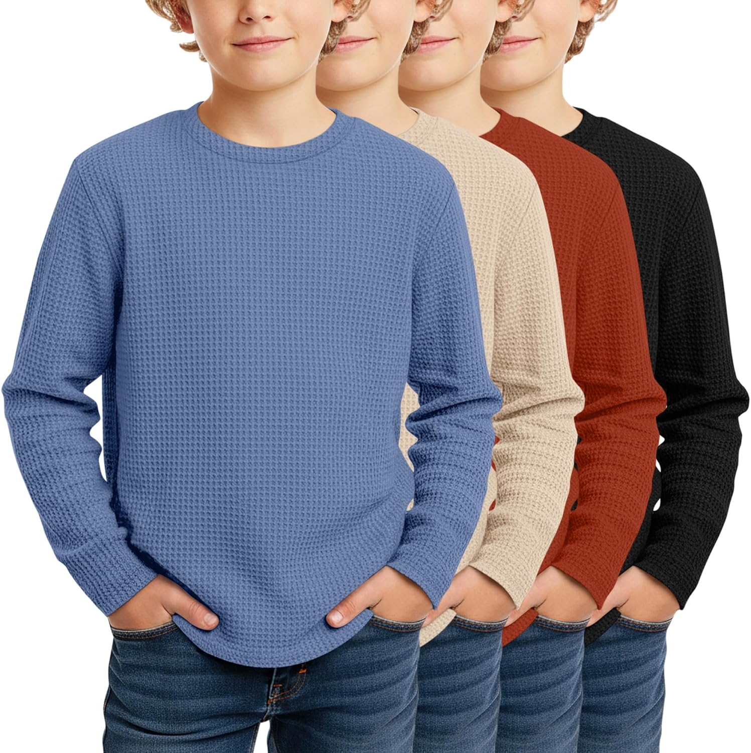 4 Pack Boys Long Sleeve Shirts Crewneck Kids Waffle Knit T Shirts Toddler Boy Thermal Casual Tops Tees 5-14 Years