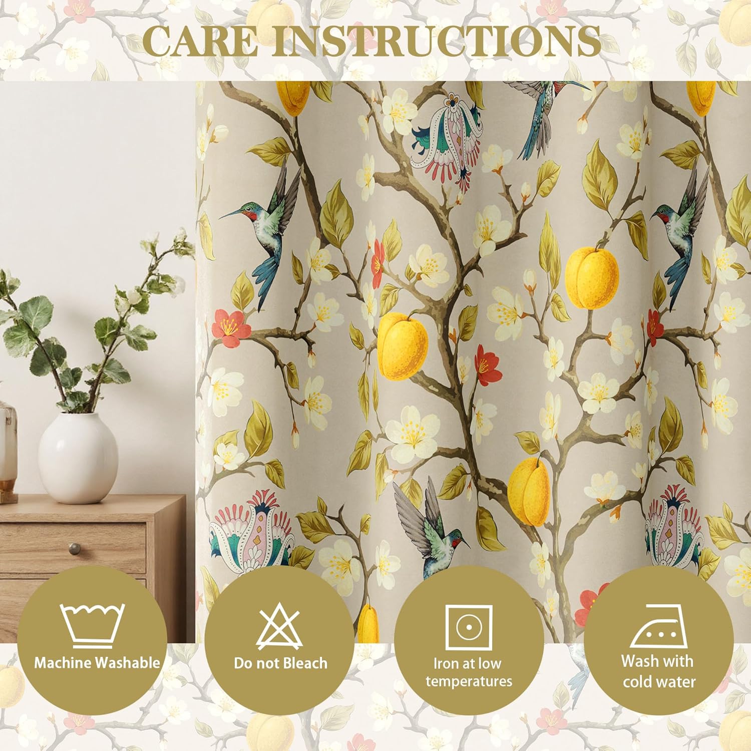 Floral Curtains 100% Blackout, Vintage Hummingbird Black Out Curtain 84 Inches Long, Patterned Thermal Insulated Window Drapes 2 Panels, Grommet Room Darkening Curtains for Living Room Bedroom, Khaki