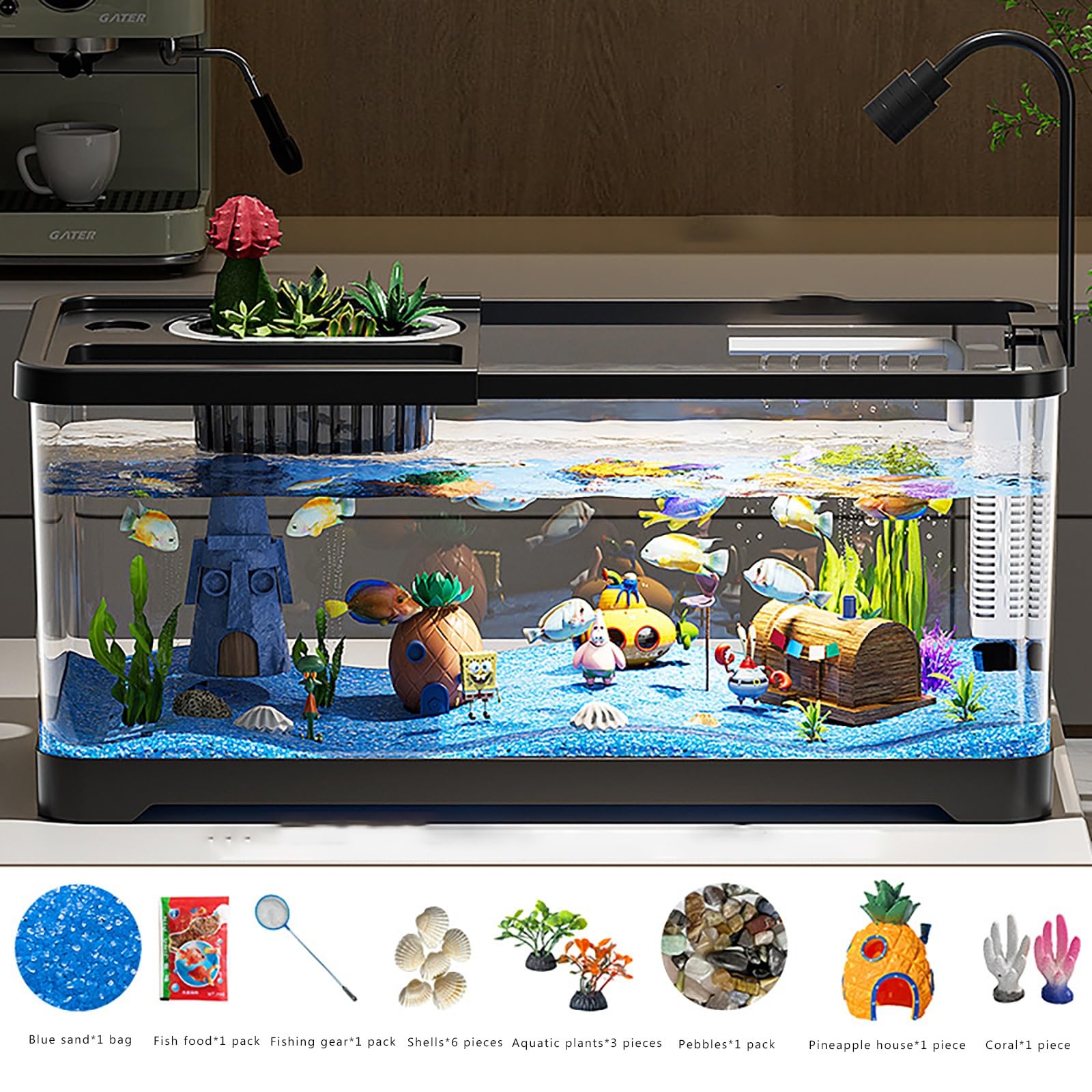 TaLcuS Acquario con Filtro e Luce, Kit Acquario Piccolo, Acquario Rettangolare con Luce LED, Sistema di filtraggio a Vassoio(Black,37.6 * 21 * 21cm)