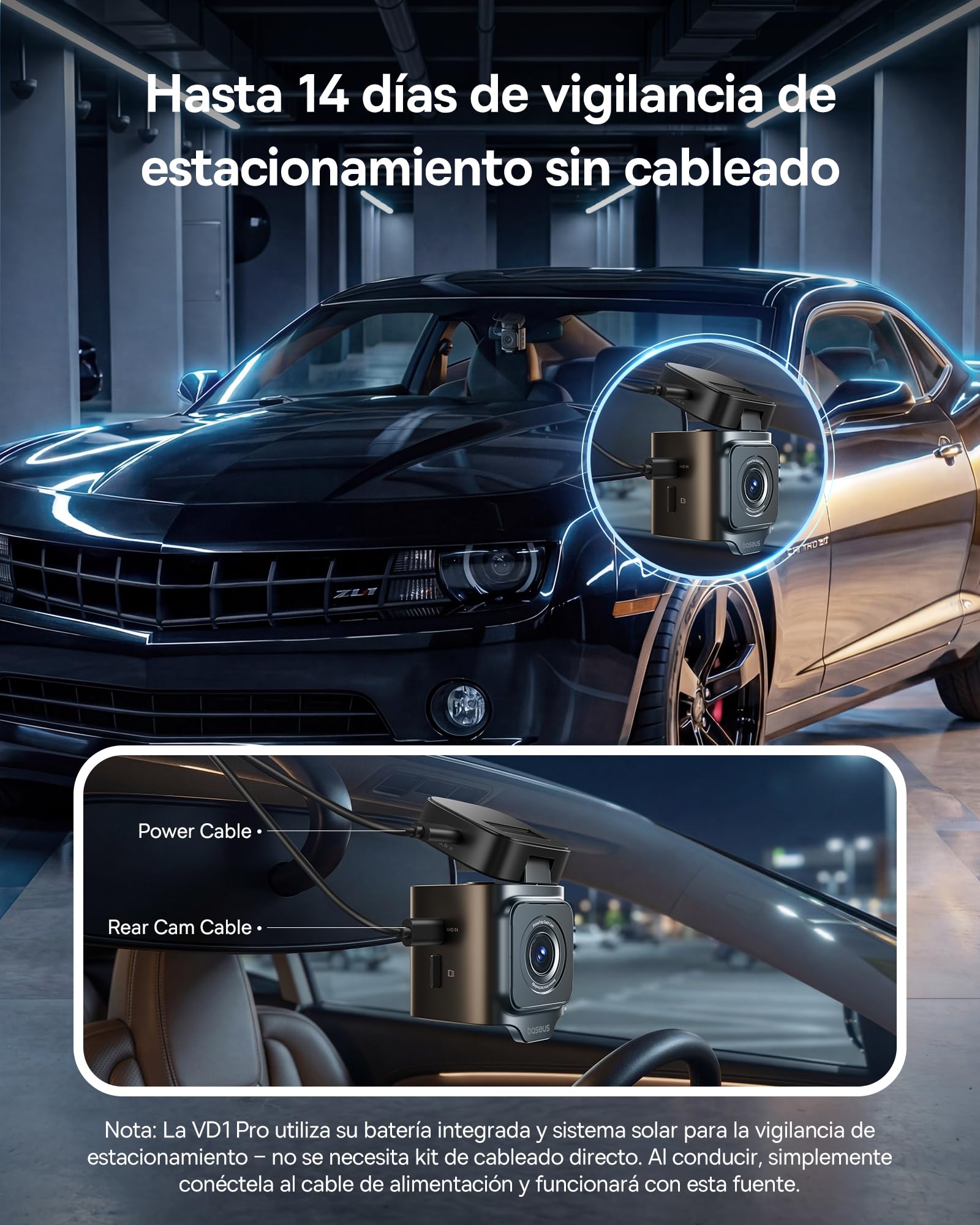 Baseus VD1 Pro Dashcam Cámara Coche Antivandálica 4K+1080p, Dash CAM Solar con Modo Parking Standby de Batería de 14 Días, Camara Vigilancia Coche con STARVIS, Wi-Fi 5 GHz, GPS, Tarjeta de 32 GB