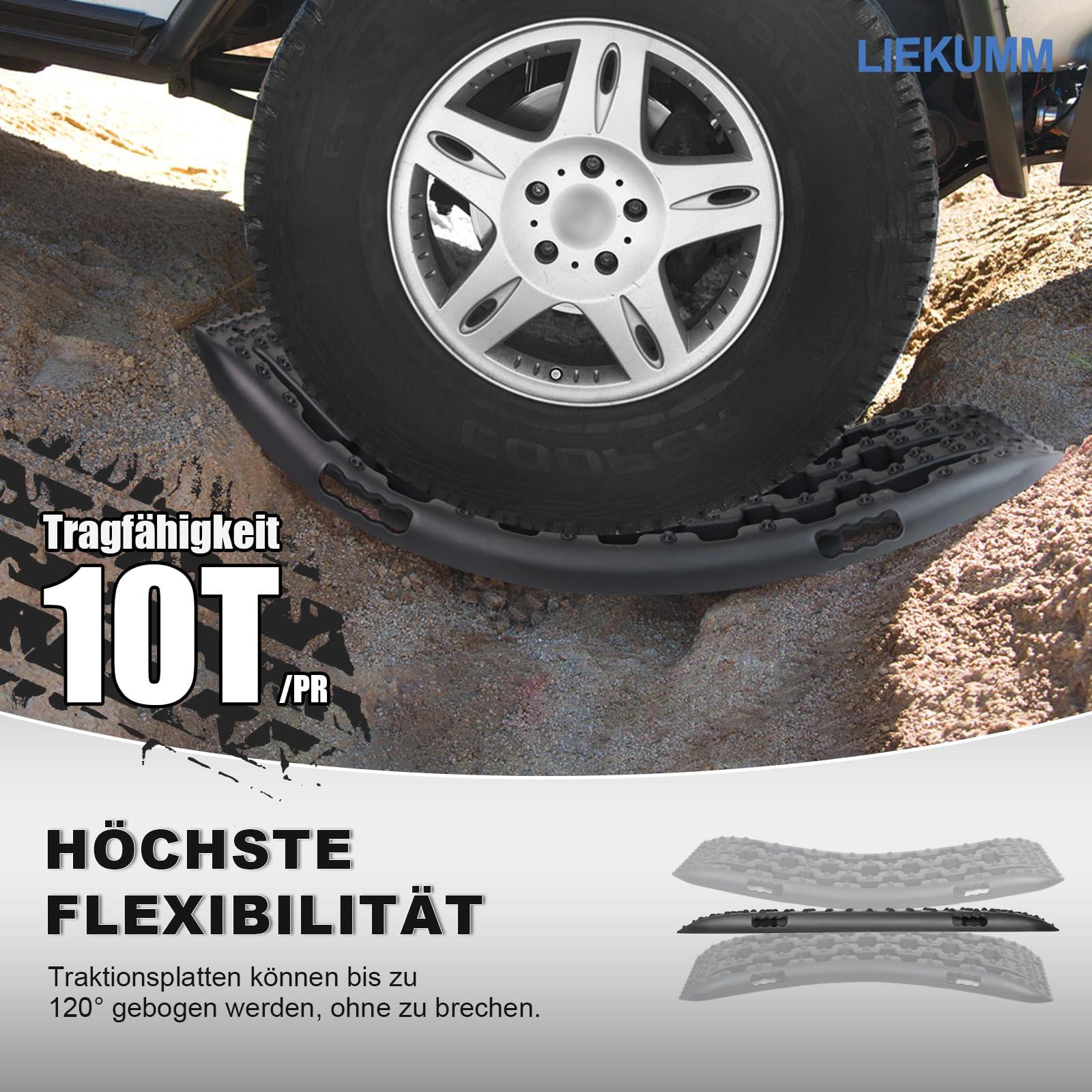 LIEKUMM 2 Stücke Sandbleche Offroad, 104,5 x 28 cm Sandbleche Kunststoff, 10 T Tragkraft Sandbleche Wohnmobil, Kunststoff Sandblech für Geländewagen PKW LKW, Sandboard für Sand Schlamm Schne