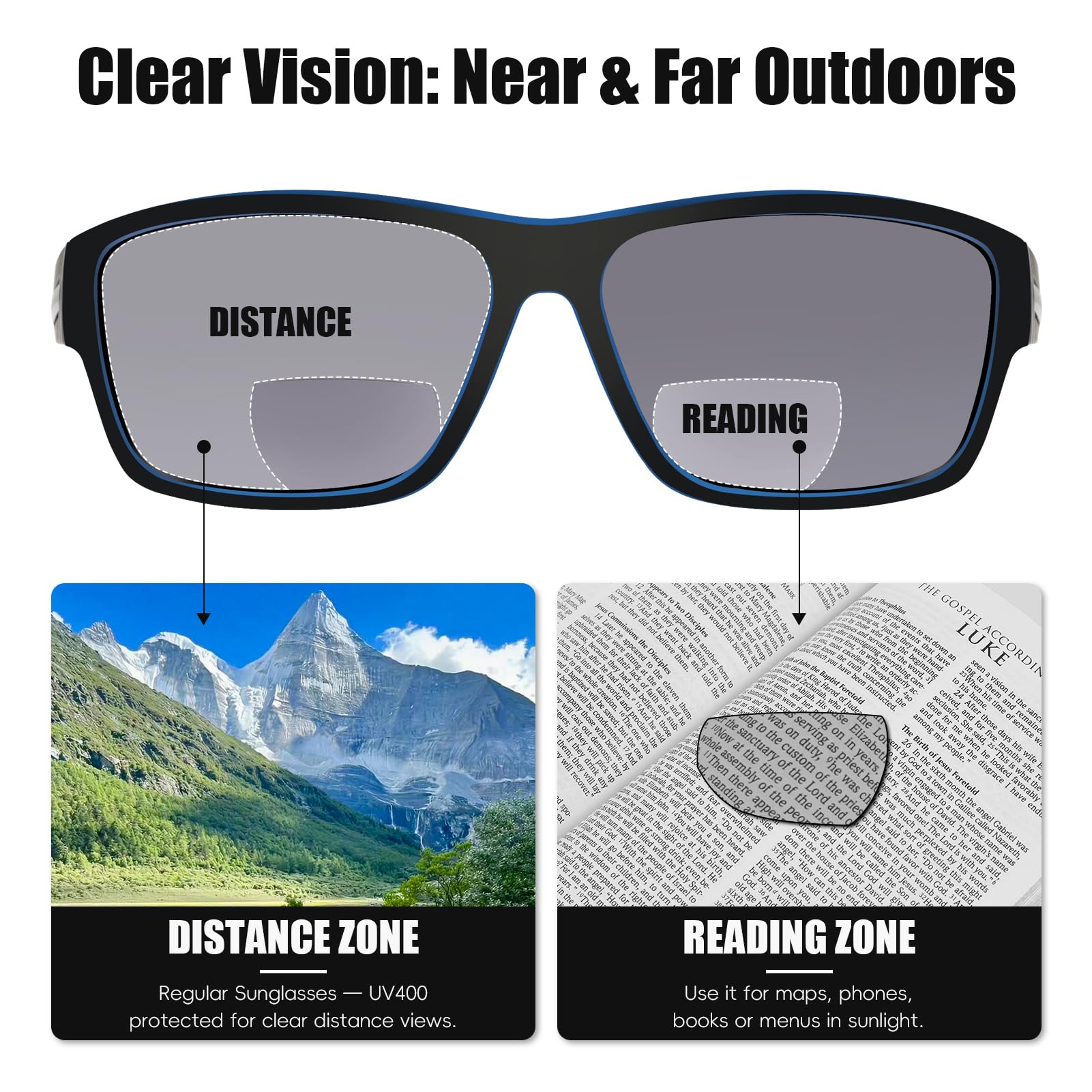 2 Pack Bifokale Sonnenbrille für Herren mit integrierten Lesegeräten, TR90 Rahmen UV400 Schutz für Outdoor-Sportarten