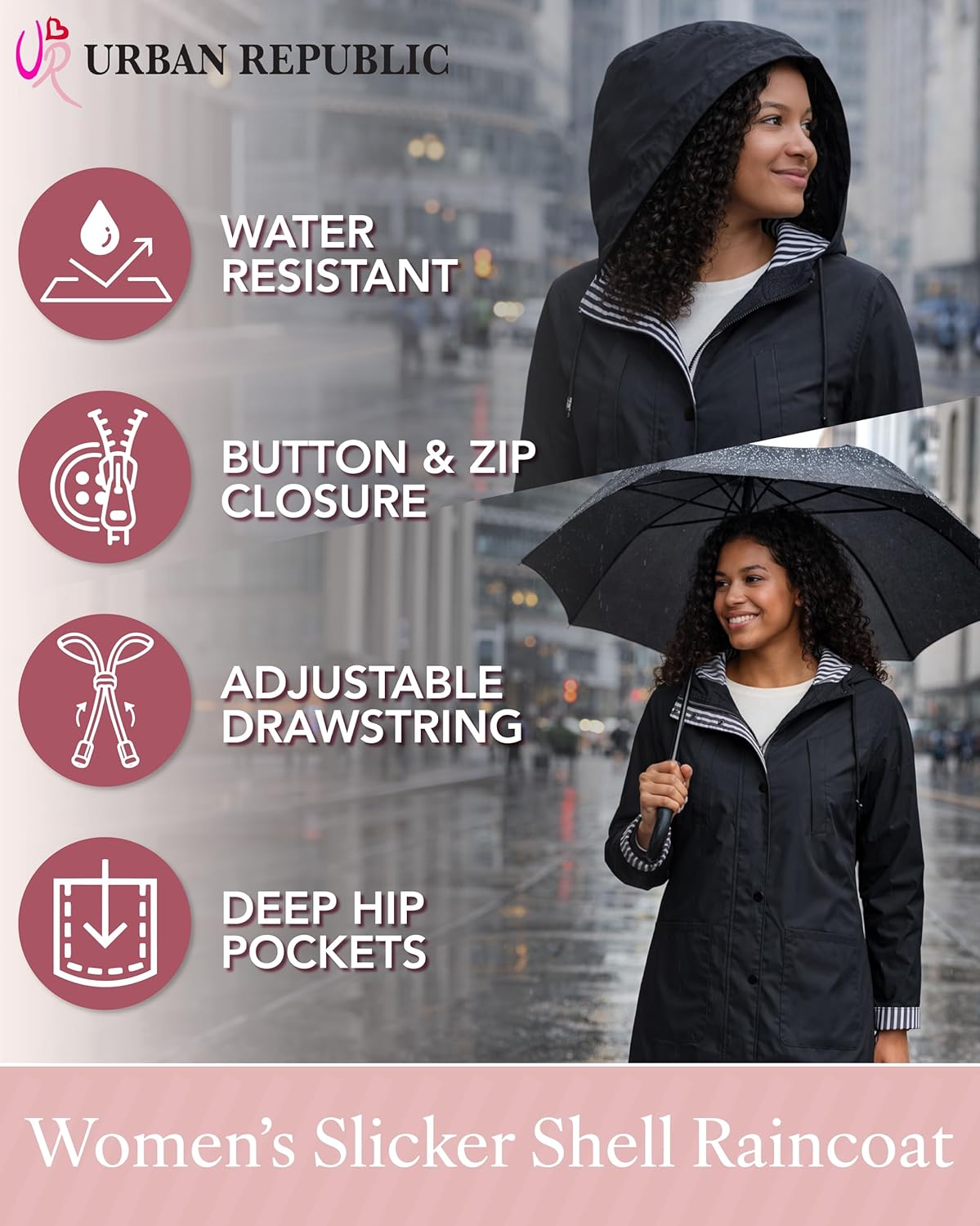 URBAN REPUBLIC Rain Jacket Women - Lightweight Waterproof Windbreaker for Women (S-3XL)