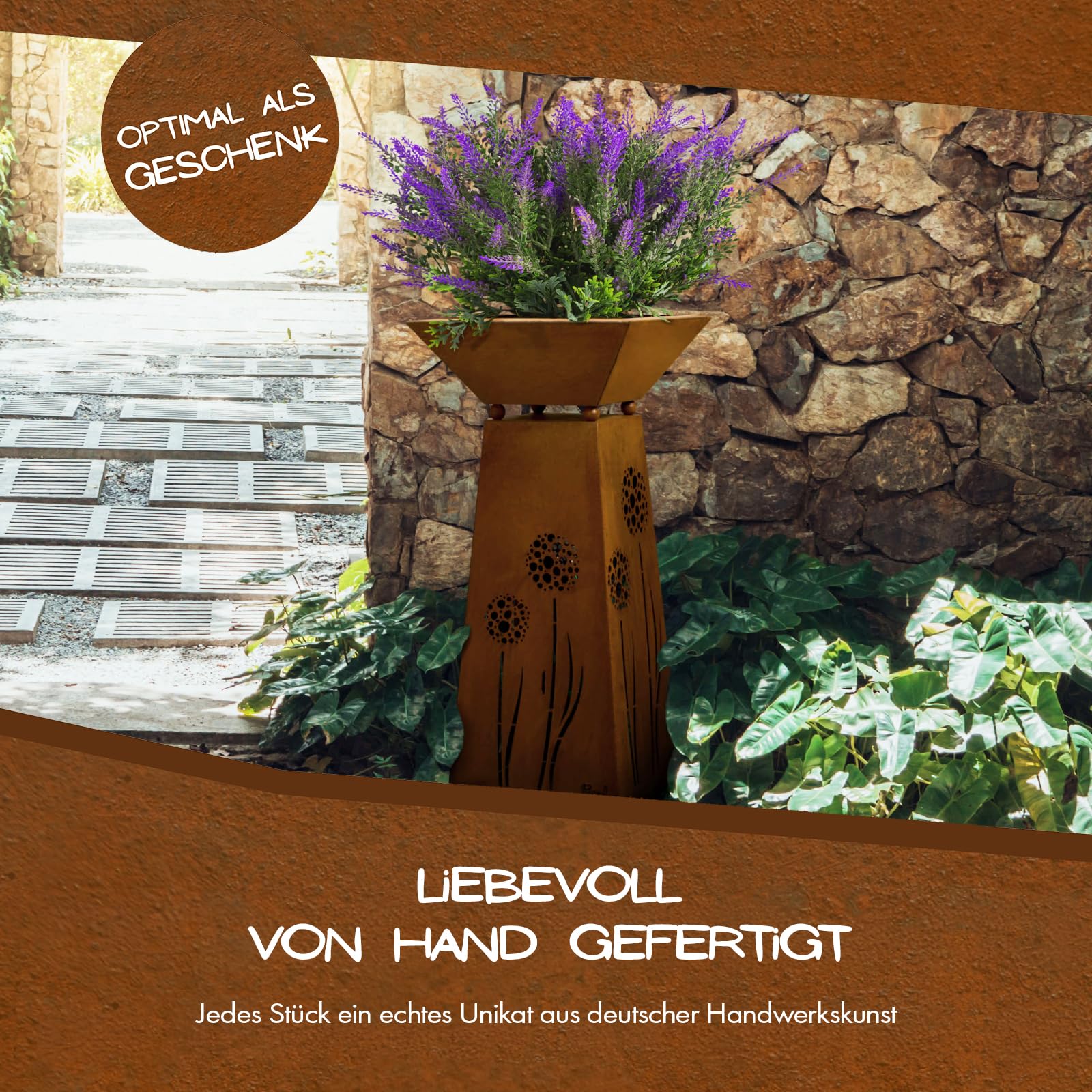 Rostikal Blumensäule Outdoor Metall - 72 cm - Pflanzsäule mit Schale Abnehmbar - Handgefertigte Edel-Rost Gartendeko - Wetterfeste Deko für Frühling, Garten, Wohnzimmer, Balkon | Outdoor Pflanzständer und Blumenständer aus Metall - Rostsäule, Dekosäule fü