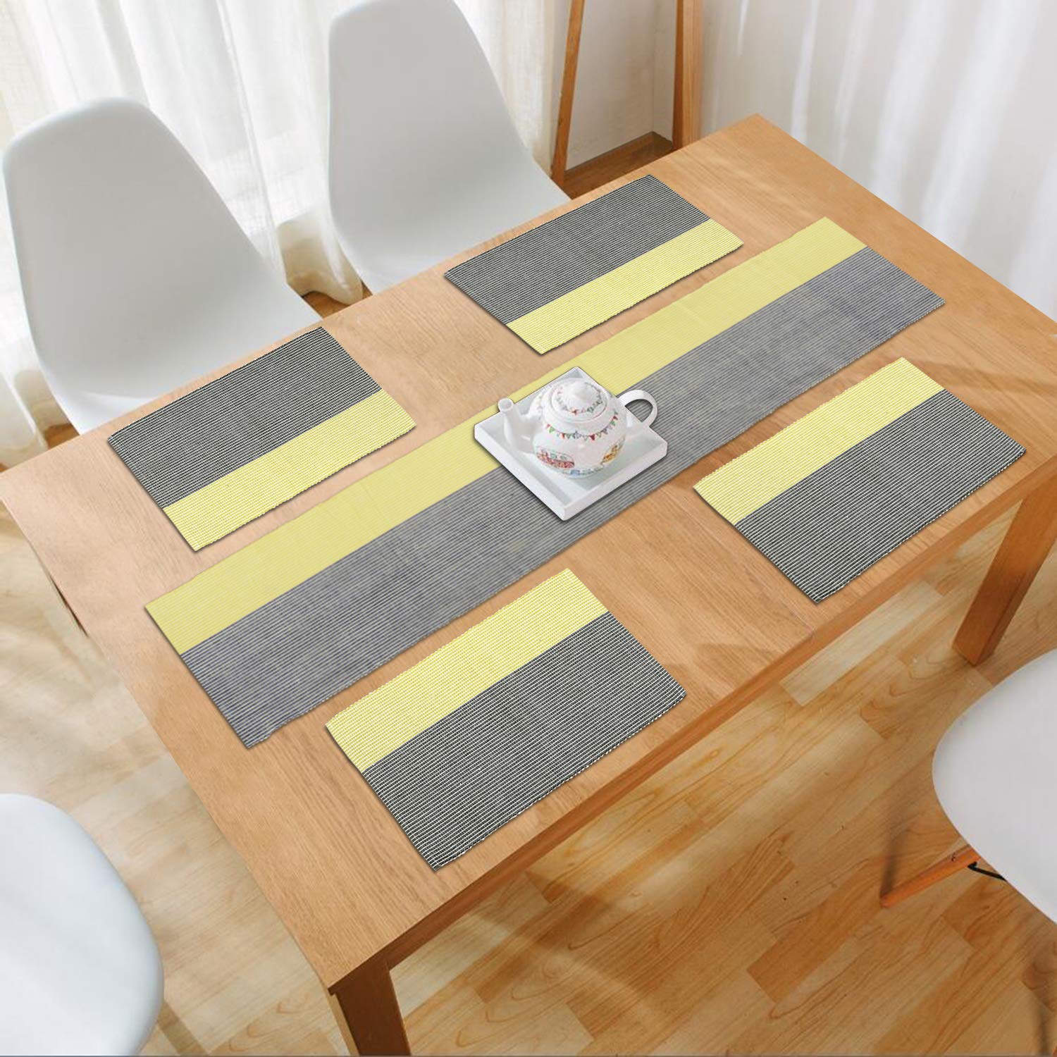 HOKIPO Cotton Ribbed Washable 4 Placemats with Runner for Dining Table, Yellow (IN71-274)