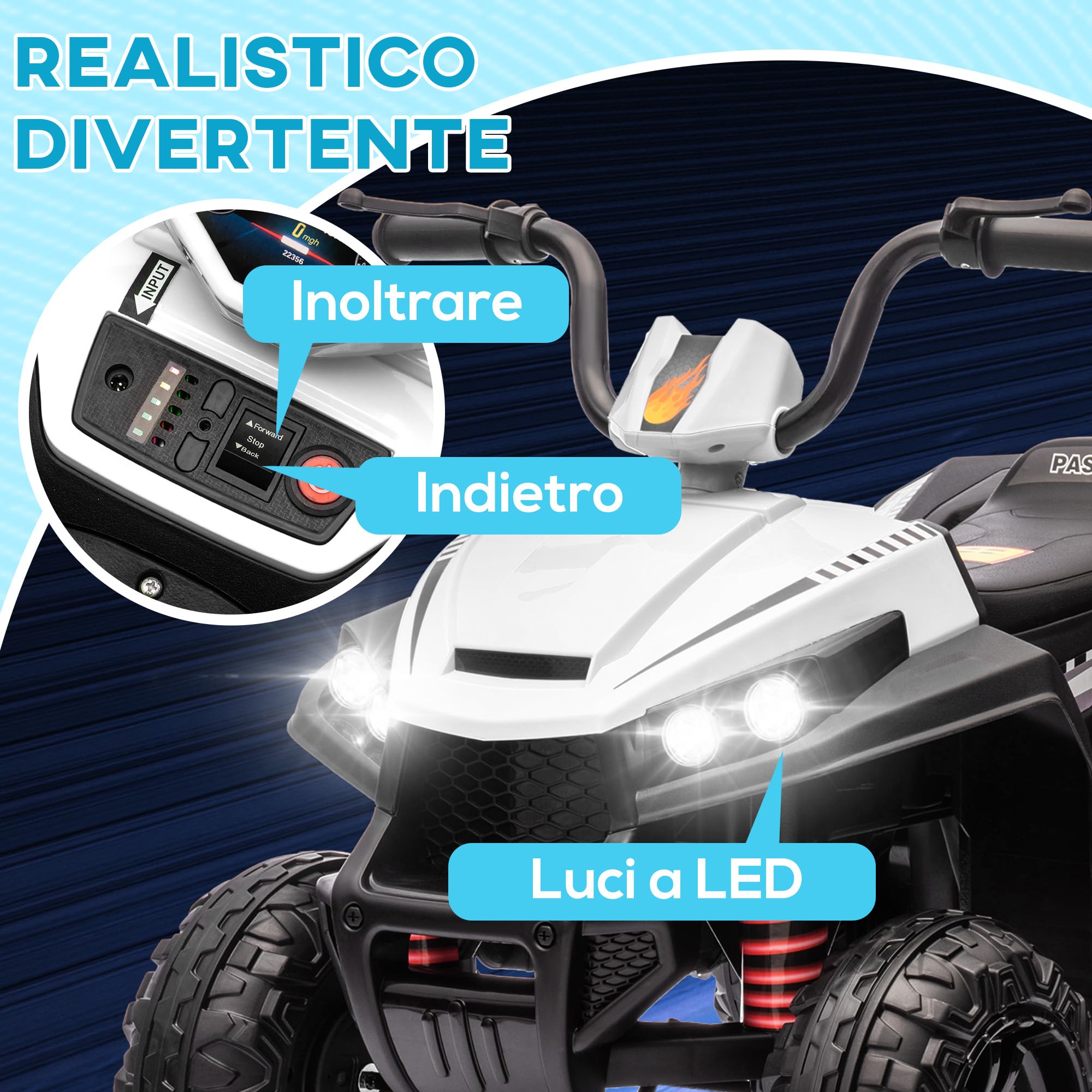 AIYAPLAY Quad Elettrico per Bambini 12V, Auto Elettrica per Bambini con 2 Motori, 5 km/h, Sospensioni, Fari LED, MP3, per 37-60 Mesi, Interno ed Esterno, Bianco