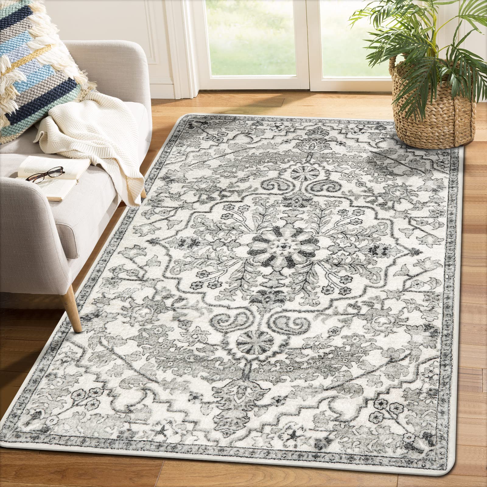 Lahome Area Rug 4x6 Bohemian Vintage Washable Boho Rugs for Bedroom Aesthetic, Beige Rugs for Living Room, Floral Medallion Soft Non-Slip Non-Shedding Faux Wool Rug for Entryway Kitchen Dini