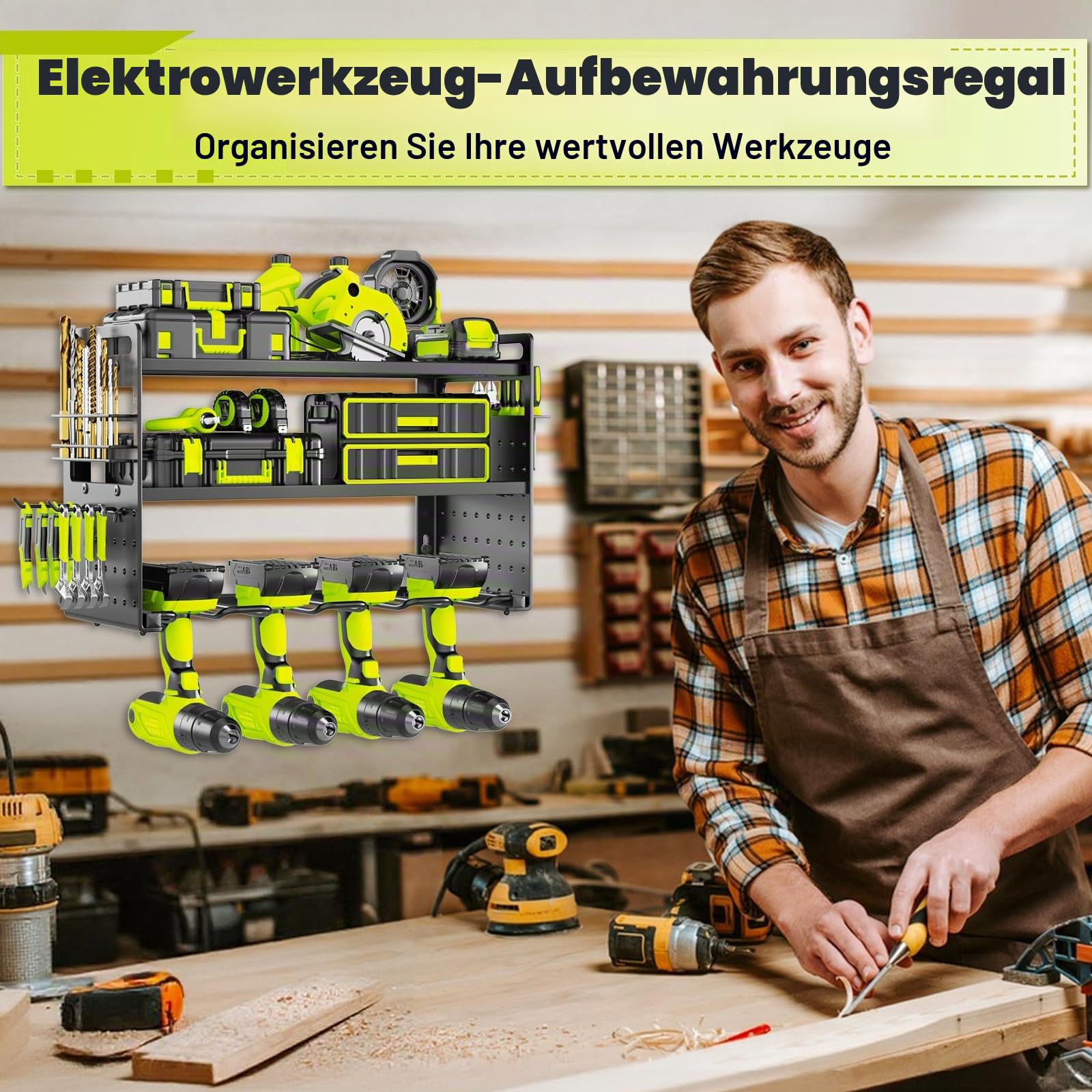 Metall Werkzeughalter Wand, Werkzeugspeicher Wandhalterung Schlagbohrschrauber Werkzeugregal Werkzeugständer mit seitlichem Schraubendreher-Gestell für Garage Werkstatt (Schwarz)