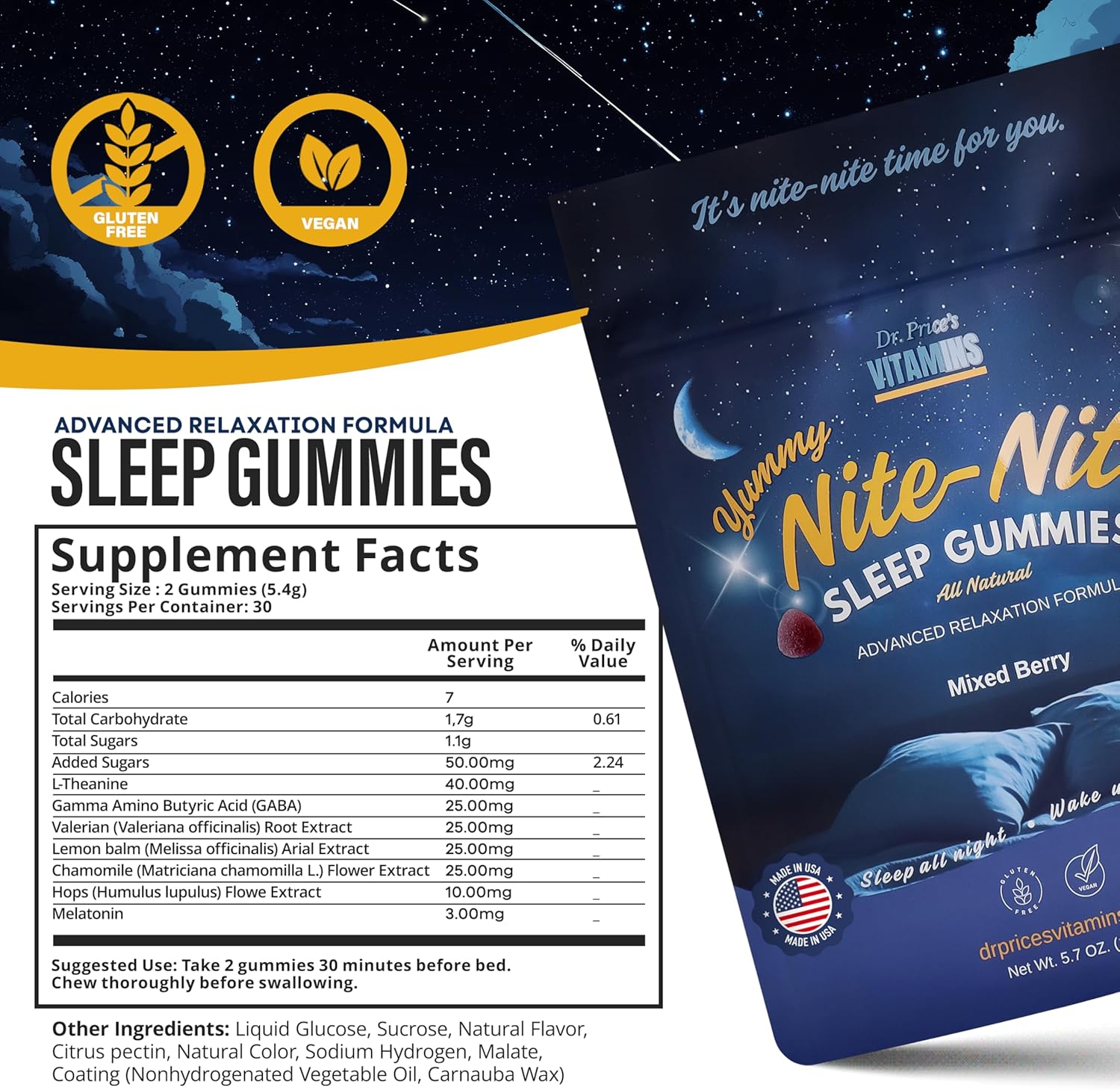 Dr. Price Sleep Gummies for Adults – 3mg Melatonin, L-Theanine, GABA & Herbal Blend – Mixed Berry Flavor, Gluten-Free Sleep Aid – 60 Count - Image 5