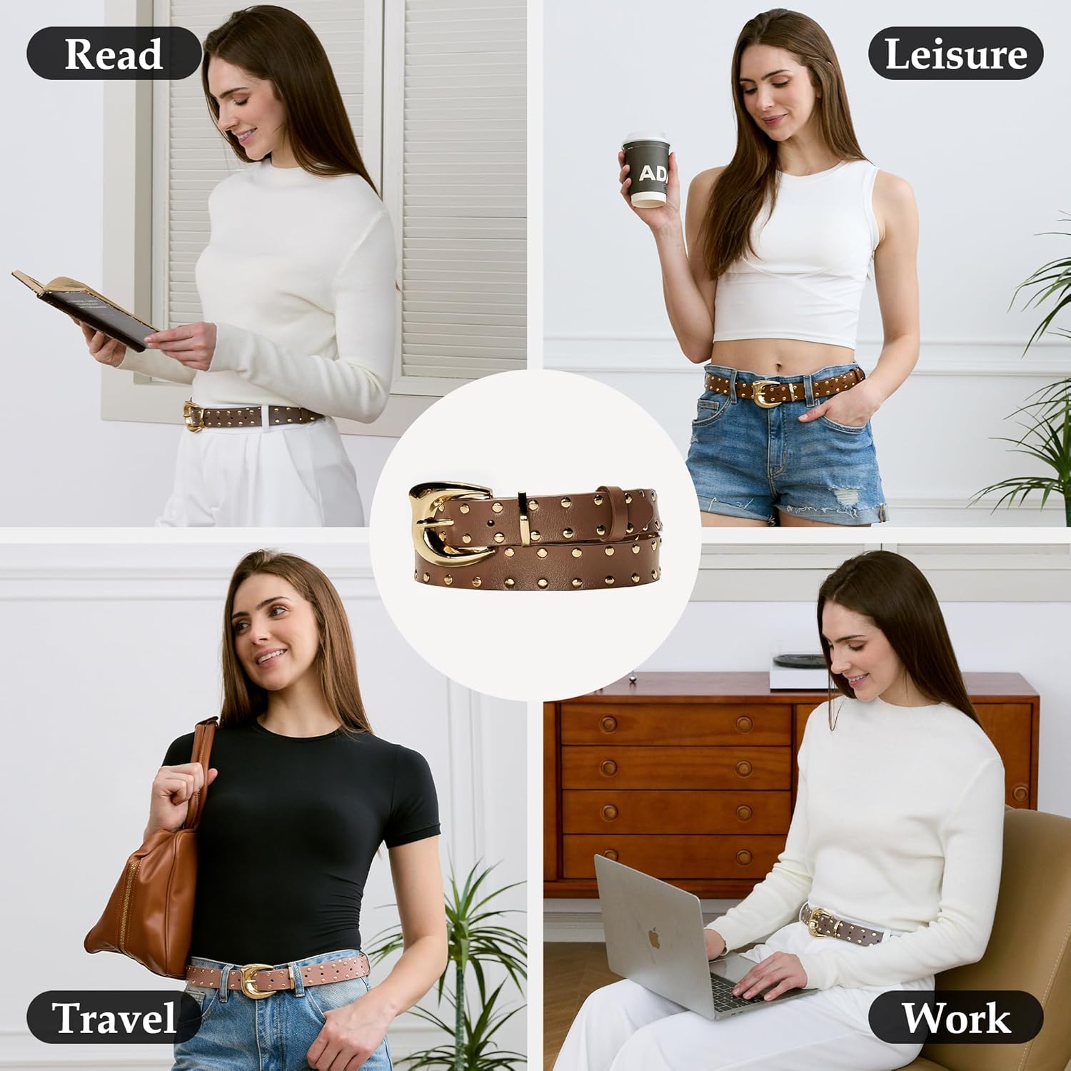 Women's Studded Leather Belts,Adjustable Womens Belts,Suitable for Jeans and Dresses Punk Belt,Length 105cm/116cm - Image 5