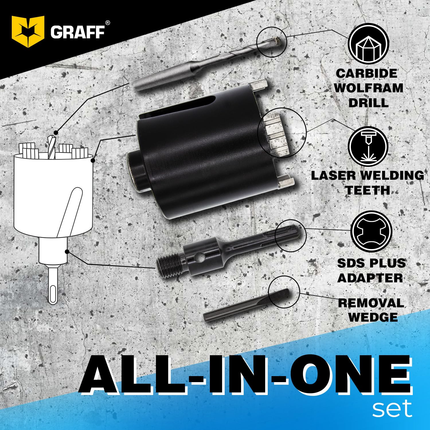 GRAFF Sega a Tazza Carotatrice 102 mm per Roccia, Muratura, Cemento – Corona Diamantata SDS Plus