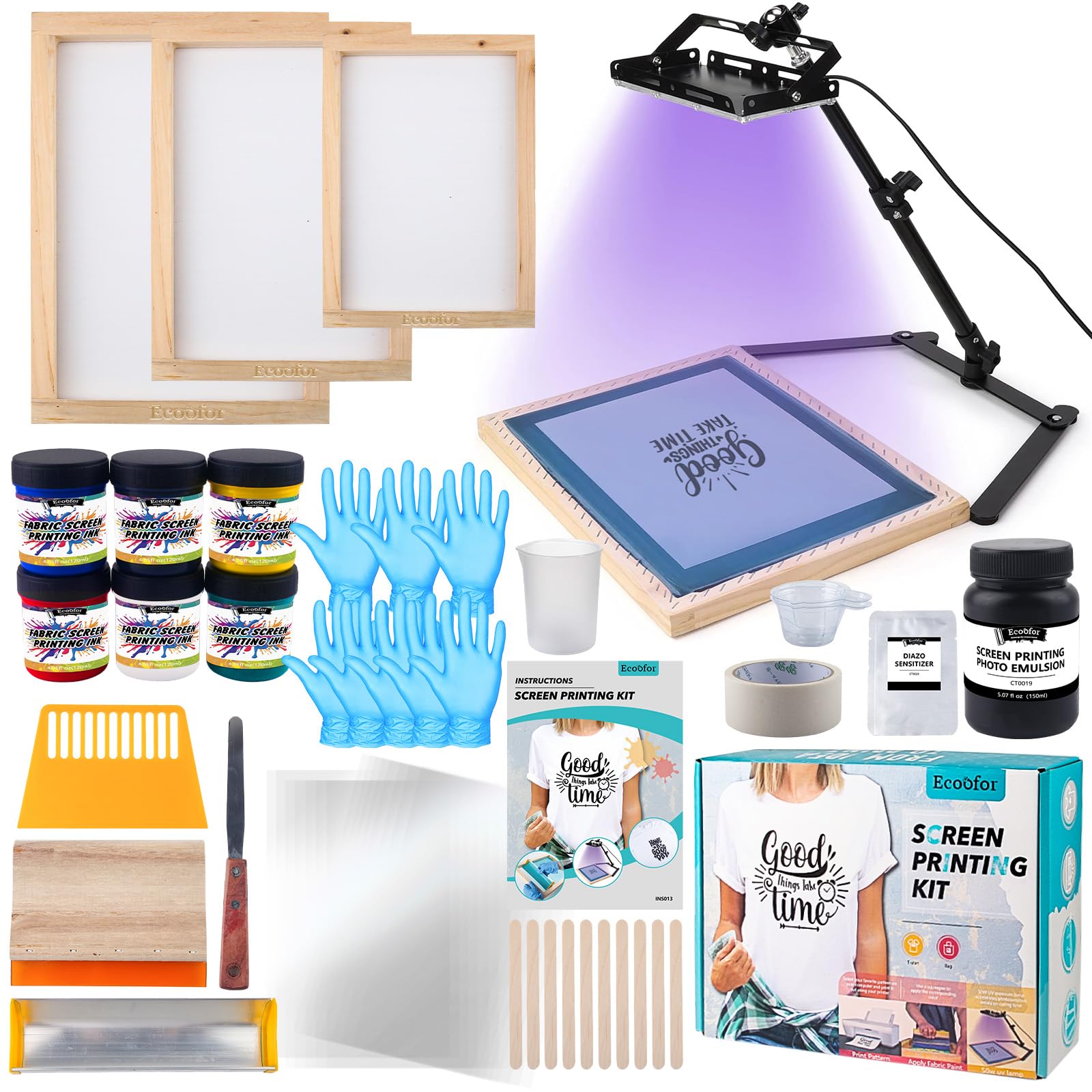 Ecoofor 53-teiliges Siebdruck-Set, All-in-One-Set mit 50-W-UV-Belichtungslampe, 3 Größen Holz-Siebdruckrahmen, 6 farbige Siebdruckfarben, 15 A4-Tintenstrahl-Transparenzfolien