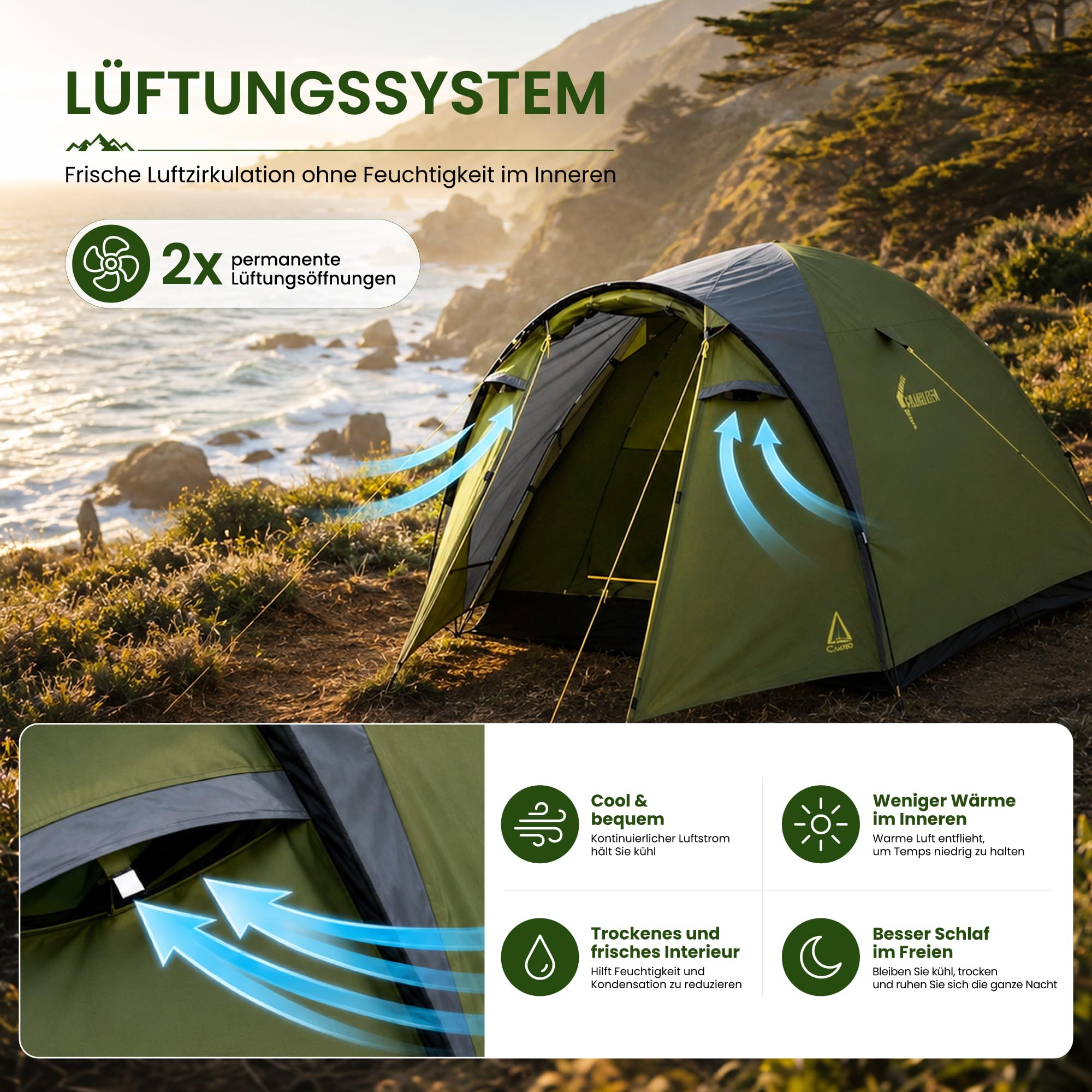High Peak Campingzelt für 3 Personen, Kuppelzelt mit langem Vordach, leicht | 2-in-1 Innenzelt mit Regenplane, Wasserabweisendes Außengewebe, Mesh-Belüftung, Für Festival und Kurztrips