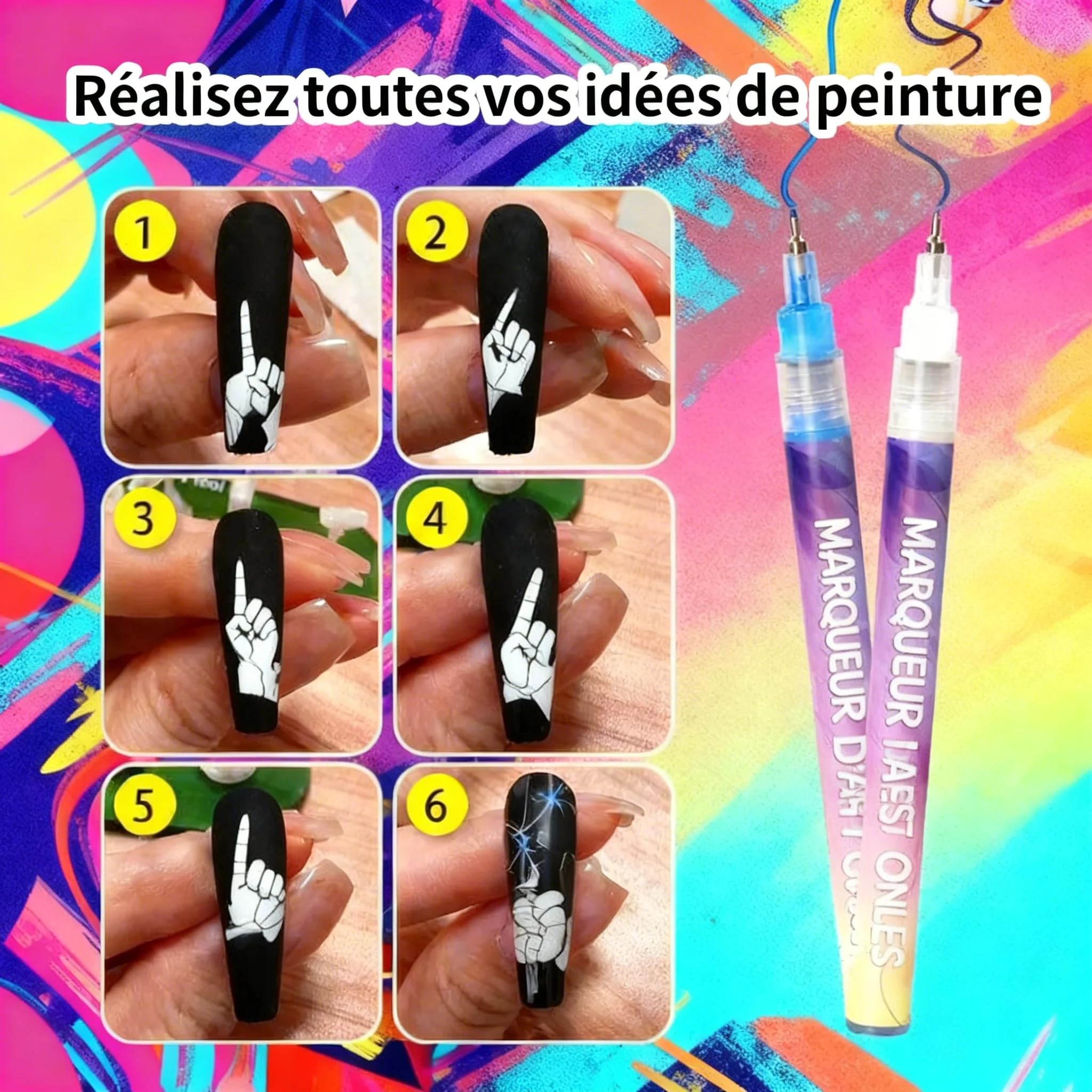 Stylo 3D Nail Art Professionnel - Kit de 12 Feutres Vernis à Ongles avec Pointe Métallique Fine 0.5mm, pour deco ongle nail art, Graffiti (12 Couleurs)