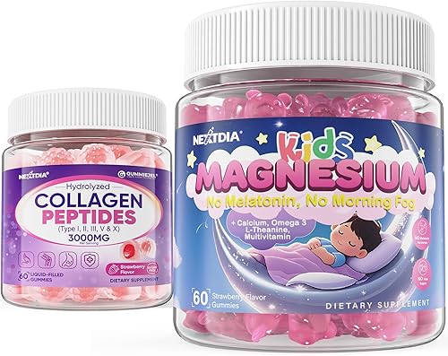 Sugar Free Kids Magnesium Gummies 2 Pack + Collagen Gummies for Women & Men 1 Pack