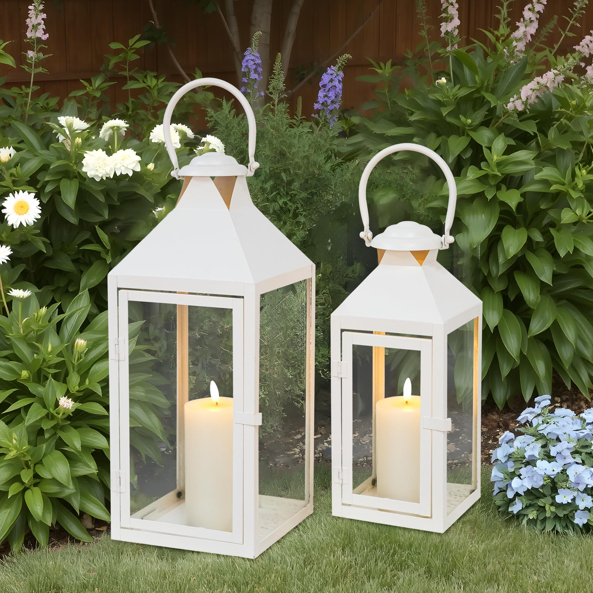 JHY DESIGN Set of 2 Cream Decorative Lanterns 17.5inch&13.5inch Metal Candle Lanterns for Indoor Outdoor Events Paritie and Weddings Vintage Style Hanging Lantern