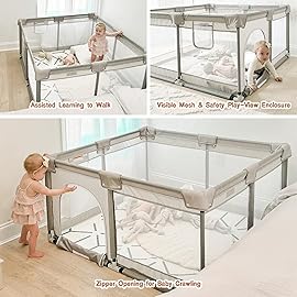 ZEEBABA Baby Playpen with Mat, 47x47inch Playpen for Babies and Toddlers, Small Baby Play Pens, Play Yard for Infants with 47 Play Mat, Playard with Gate