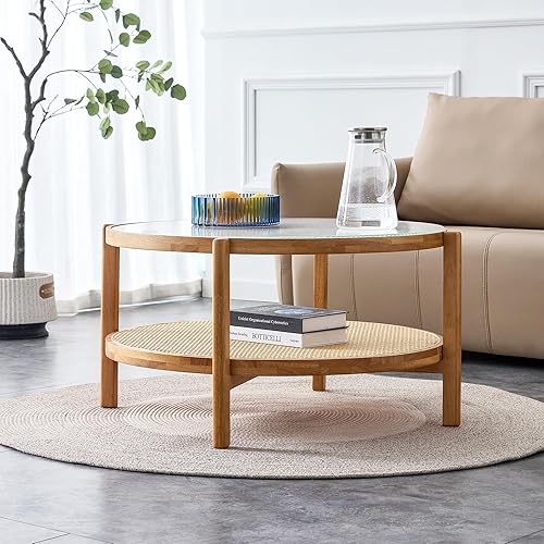 Miniatura 3 de Mesa de centro moderna de mediados de siglo con parte superior de vidrio y estante de almacenamiento de ratán de polietileno, mesa de café redonda