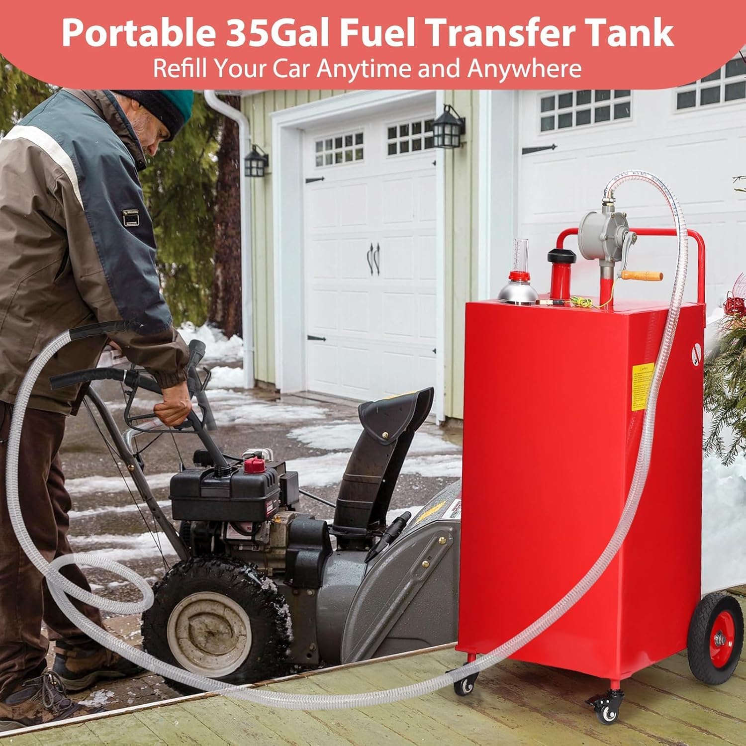 35 Gallon Fuel Caddy w/Manual Pump 4-Wheel Portable Gas & Diesel Storage Tank Heavy-Duty Steel with Hose for Lawn Mower, ATV, Boat, Farm