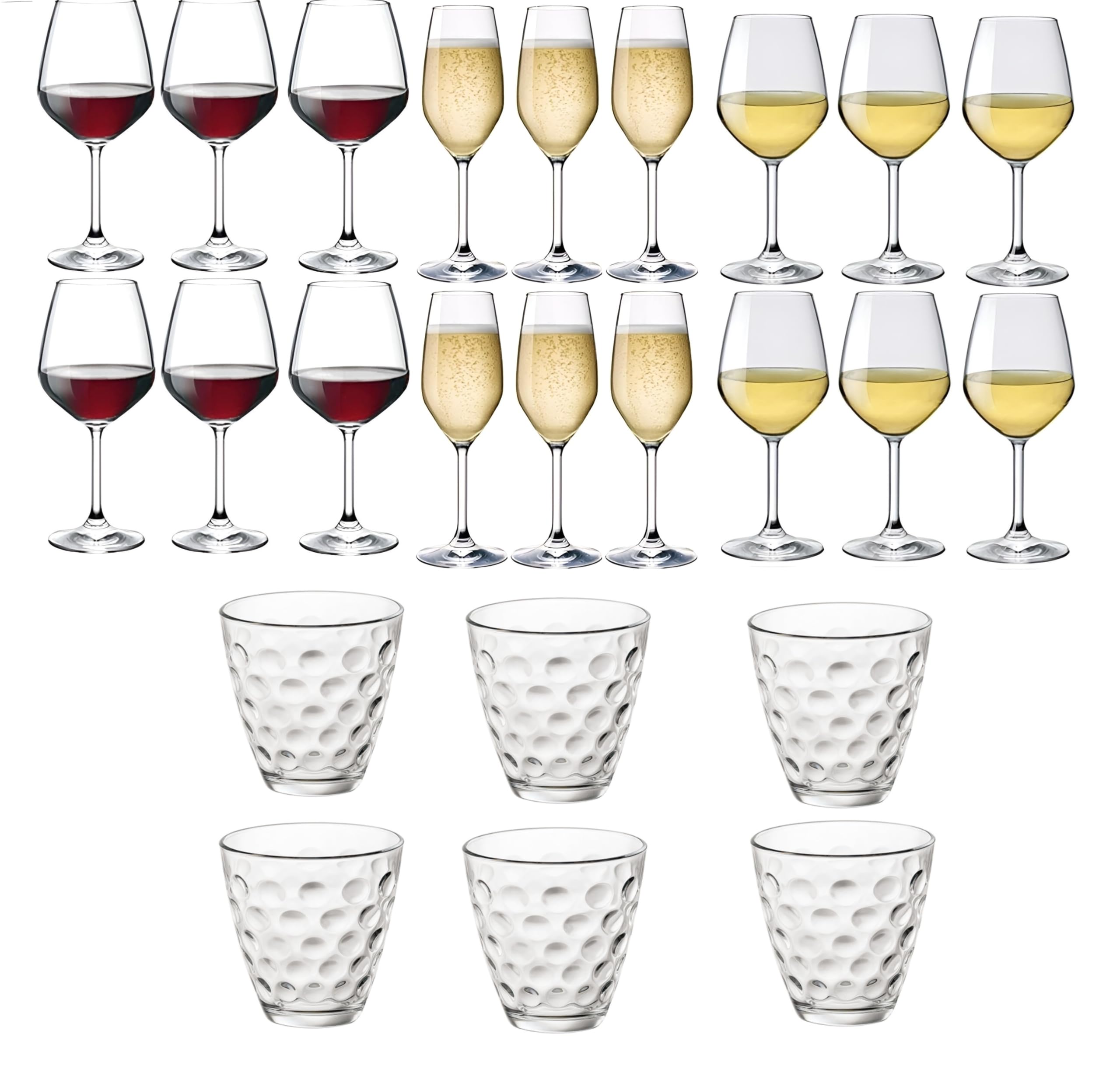 Copas de cristal, 6 rojas, 53 ml, 6 blancas, 44 ml, 6 copas de 24 ml y 6 vasos de 25,5 ml, color transparente, paquete de 18 copas + 6 vasos de regalo