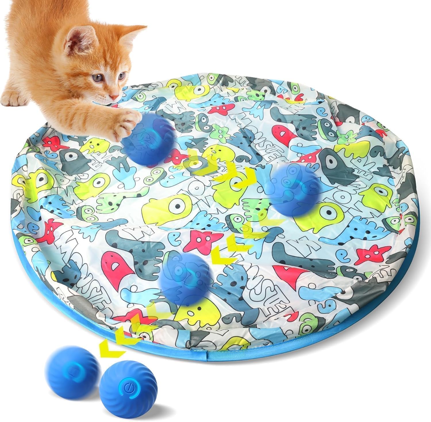 Zelikovitz Interactive Cat Toys, Fast Bouncing & Rolling Ball in Play Mat, Automatic Motion Activated Moving Ball Hide and Seek Game for Indoor Exercise Kicker, 27.5 Inch Play Mat