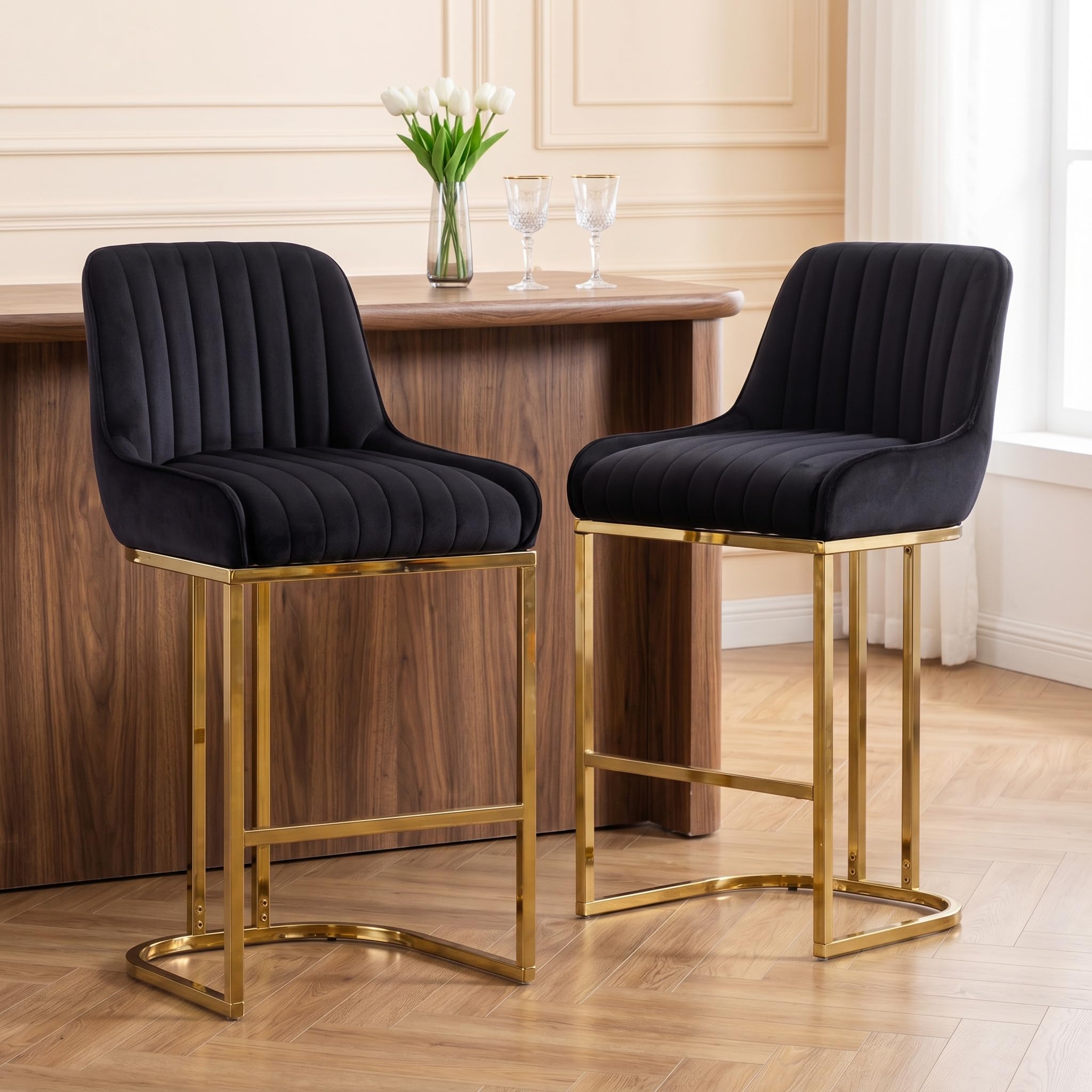 chairus 2PCS Taburetes de Bar de Terciopelo con Patas Doradas, Negro | Sillas Altas de Isla de Cocina con Respaldo Alto, Estilo Elegante