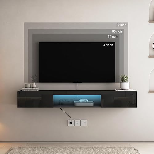 Miniatura 4 de Vibe & Dine Soporte de TV LED con toma de corriente, soporte de TV flotante de 65 pulgadas con luces RGB, centro de entretenimiento montado en la