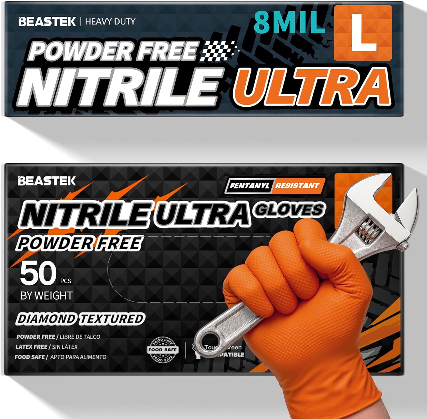 Beastek Nitrile Disposable Gloves, 8Mil Latex & Powder Free Chemical Resistant Heavy Duty Cooking Diamond Glove Orange 50 Pcs