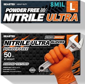 BEASTEK Nitrile Disposable Gloves, 8Mil Latex & Powder Free Chemical Resistant Heavy Duty Cooking Diamond Glove Orange 50 Pcs