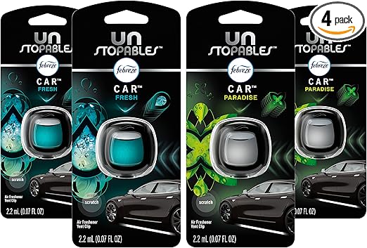Febreze Car Air Fresheners, Unstopables Fresh & Paradise Scents, Odor Eliminator for Strong Odor, Car Vent Clips, 0.07 Fl Oz (Pack of 4)