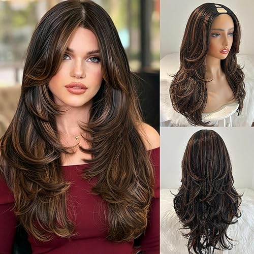 LEOSA Ombre Brown Long V Part Butterfly Haircut Layered Wig for Women Synthetic Layered Clip in Natural Straight Half Wigs Glueless Daily Use 26 Inch