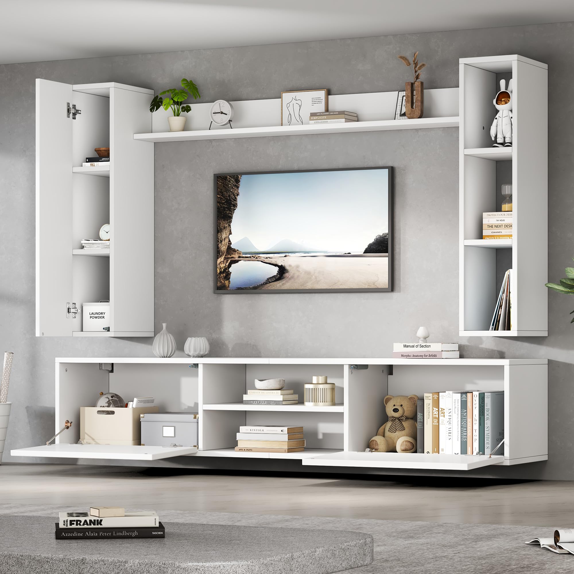 TIZZ Set da parete per TV, 180 x 35 x 33,5 cm, con vetrine (set completo, 4 pezzi), supporto per TV, mensola e 2 mensole da parete, set di mobili da soggiorno, TV in piedi e sospeso, TV fino a 80