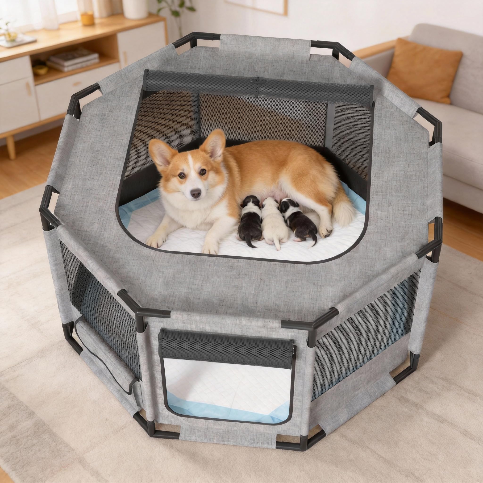 UISEBRT Welpenauslauf Freilaufgehege,Welpengehege aus Oxford-Gewebe,atmungsaktives Netz mit Reißverschluss & Seitentasche,Laufstall Laufgitter Indoor für Hunde Katzen,113.5x113.5x60cm Achteckig