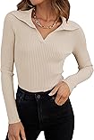 ZESICA Women's 2023 Fall V Neck Shirts Long Sleeve Ribbed Knit Sweater Lapel Slim Fitted Casual Basic Tee Tops,Sand,Small