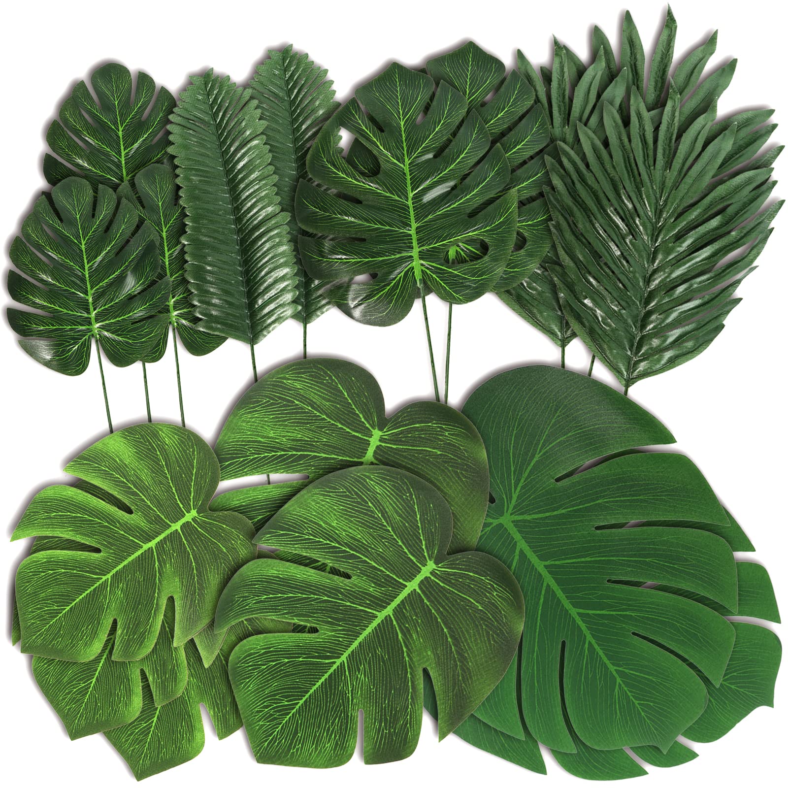 Giftown74 Pieces 7 Kinds Artificial Palm Leaves Tropical Leaves with Stems Safari Leaves Jungle Leaves for Hawaiian Luau Party Beach Baby Shower Wedding Birthday Decorations