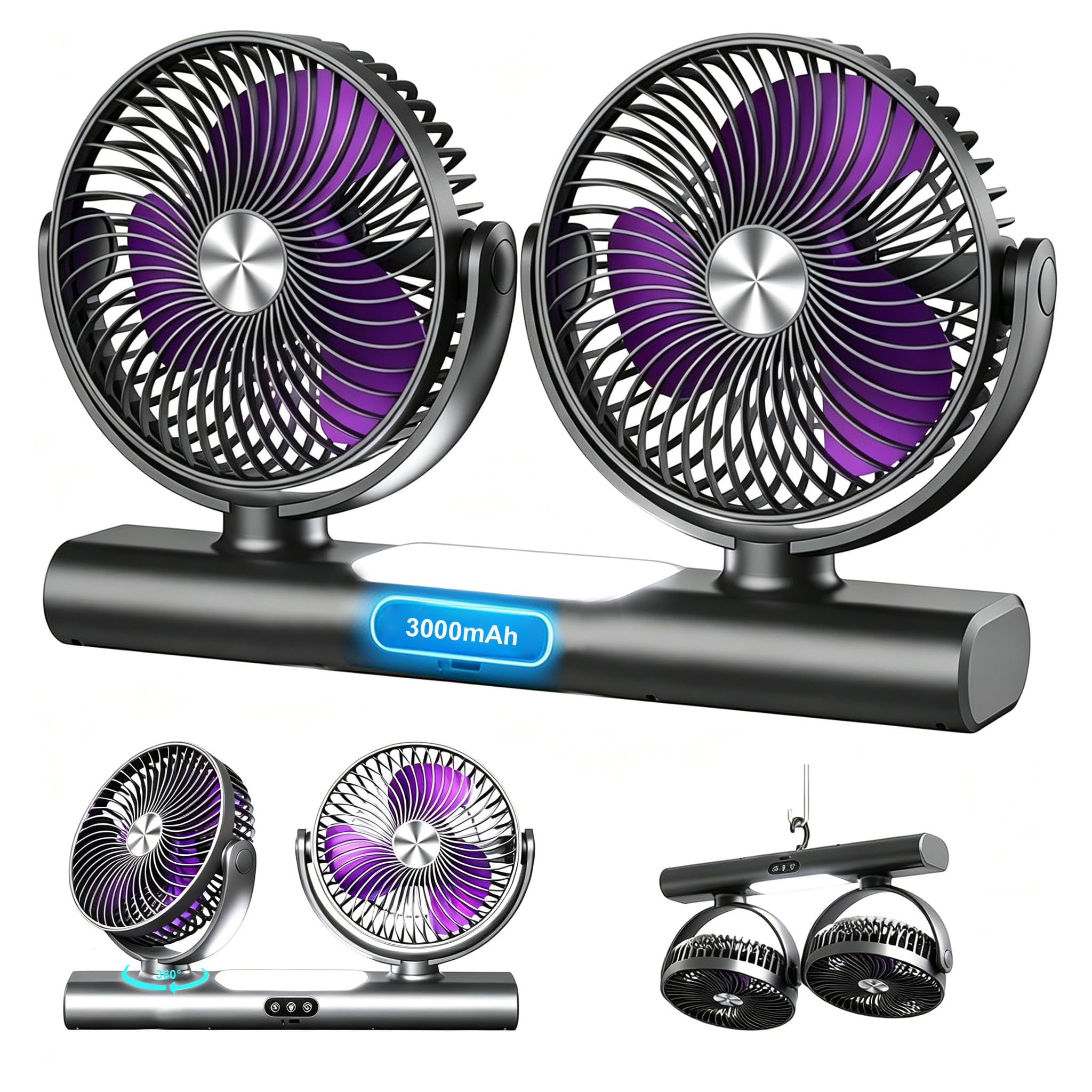 Ventilateur de Voiture Double Tête 6.5" – Ventilateur Pour Voiture Rechargeable 3000mAh avec Veilleuse, 3 Vitesses, Rotation 360°, Ventilateur de Véhicule Portable pour Voiture Camping Maison
