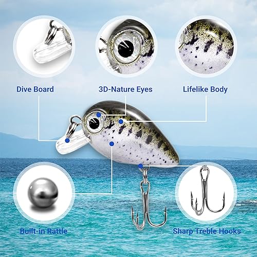 Miniatura 3 de Juego de 5 señuelos de pesca micro Crankbait para lubina, trucha y topwater, juego de vib resistente de hundimiento lento para amantes de la pesca,