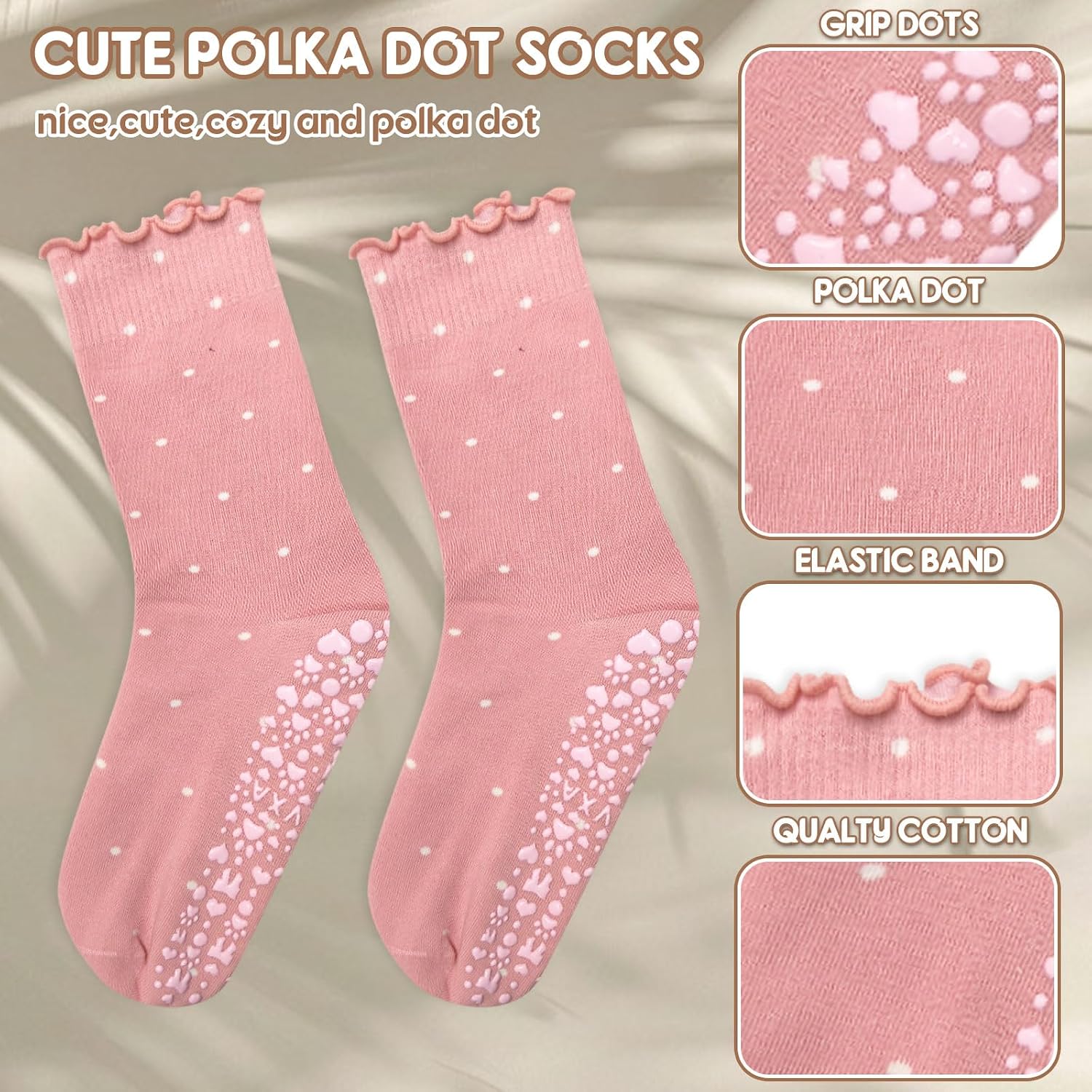 3 Pairs Cute Pilates Grip Socks for Women Ruffle Polka Dot Non Slip Grip Socks for Yoga, Barre, Barefoot