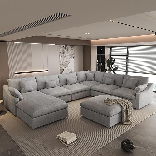 Miniatura 140 de WJShome - Sofá seccional modular en forma de nube para sala de estar, sofá de 160" con relleno de plumón en forma de U con otomano, sofás