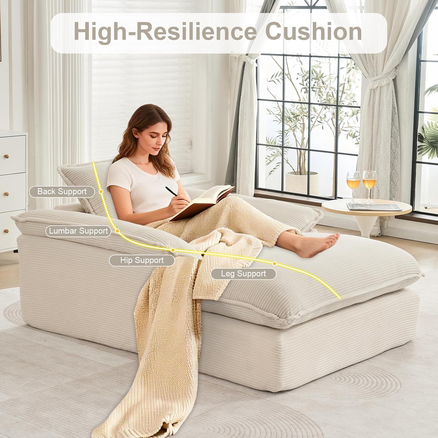 GNIXUU 67" Oversized Chaise Lounge Chair Indoor, Corduroy Upholstered Boneless Sleeper Sofa Bed, Comfy Large Reading Chair with Wide Armrests, Plush Cloud Couch for Living Room Bedroom,Beige