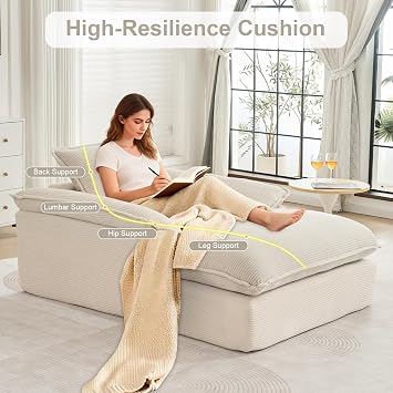 GNIXUU 67 Oversized Chaise Lounge Chair Indoor, Corduroy Upholstered Boneless Sleeper Sofa Bed, Comfy Large Reading Chair with Wide Armrests, Plush Cloud Couch for Living Room Bedroom,Beige