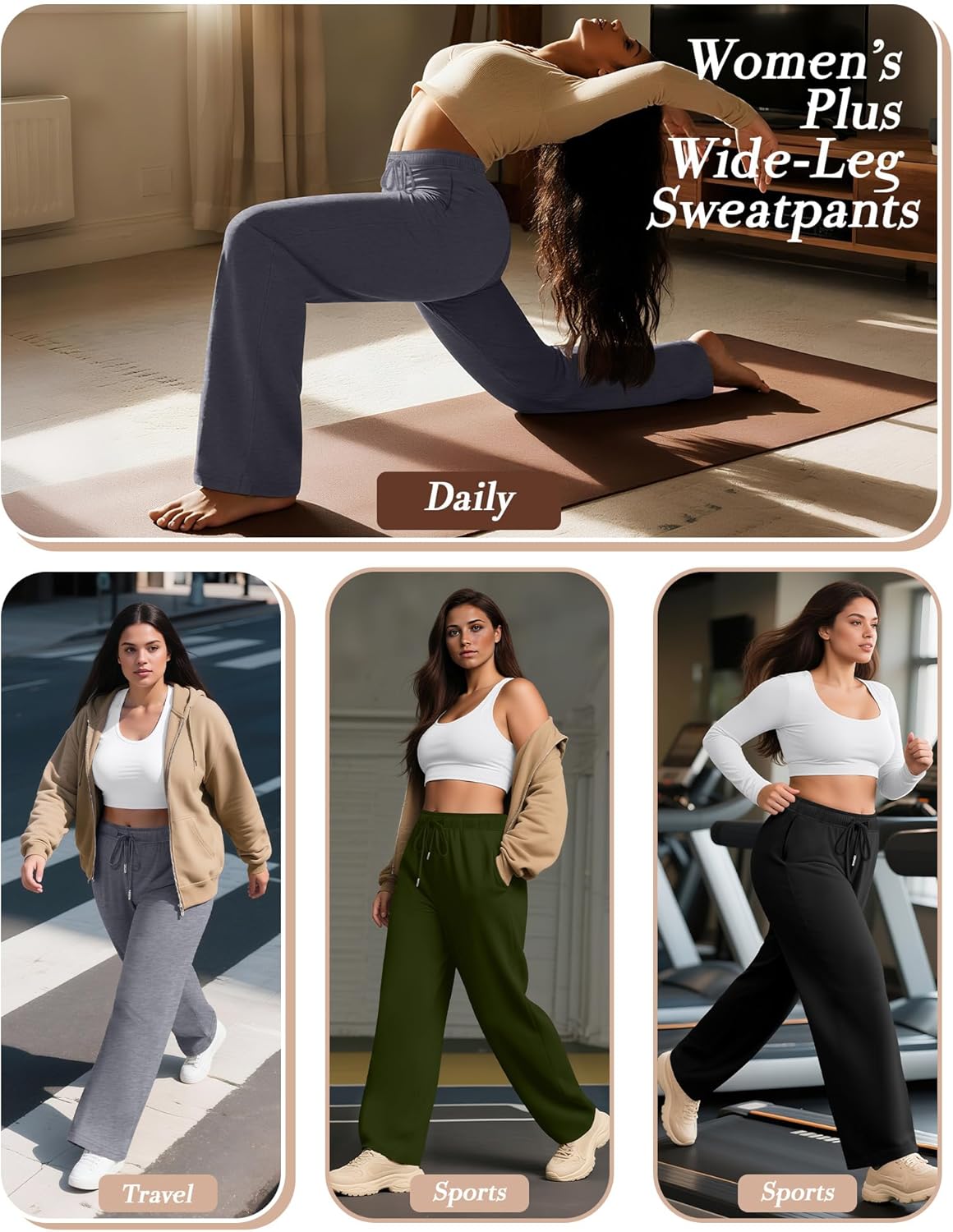 4 Pack Women's Plus Size Pants Lounge Wide Leg Yoga Pants High Waist Drawstring Sweatpants with Pockets - Image 4