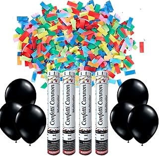Multicolor Confetti Cannon Party Poppers |Pack of 4| Biodegradable and Air Powered |Launches 25ft| Confetti poppers for Graduation, Birthdays, Weddings, New Year's Eve 6 Free Party Decoration Balloons