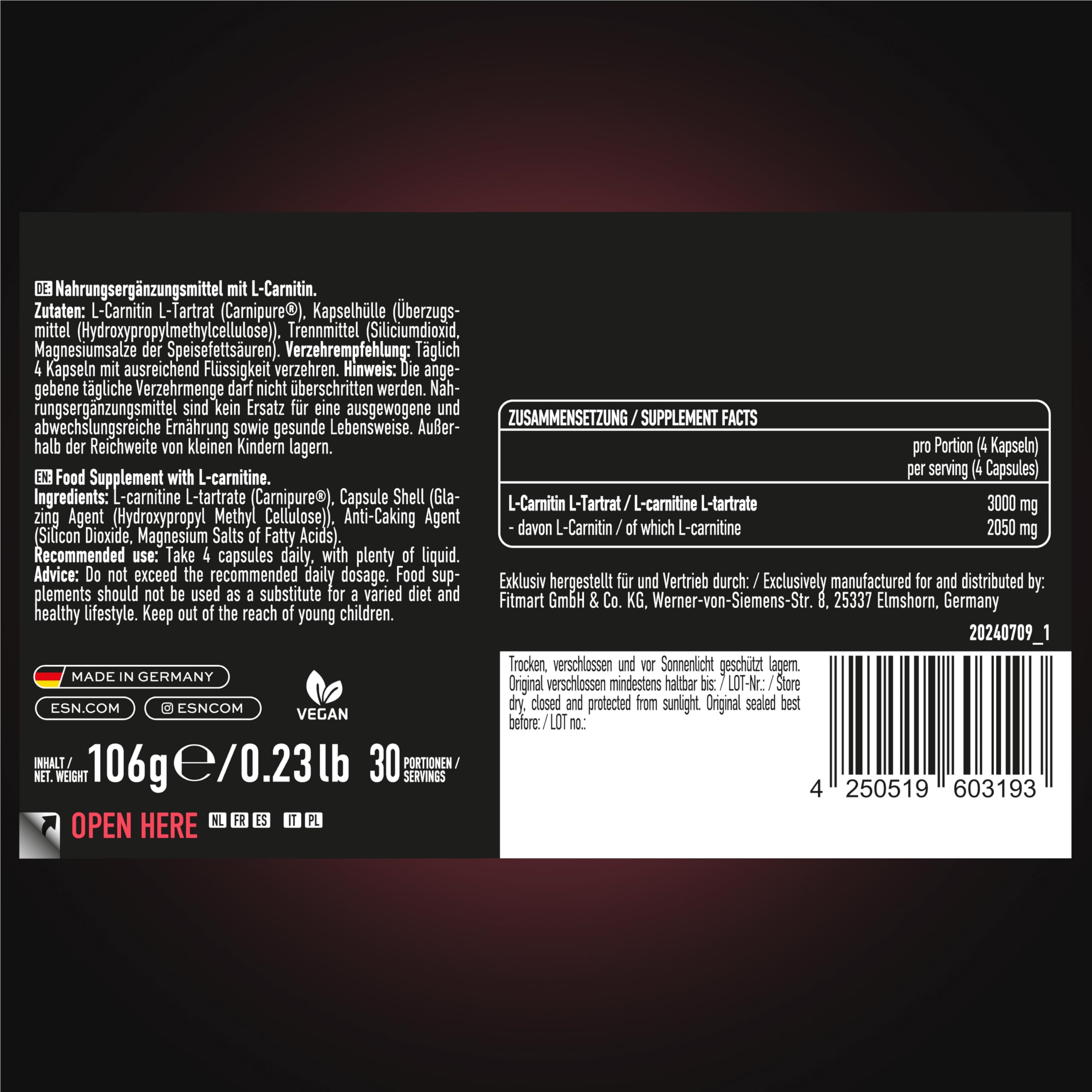 ESN L-Carnitine Caps, 120 Kapseln, 3000 mg L-Carnitin L-Tartrat pro Portion, vegan